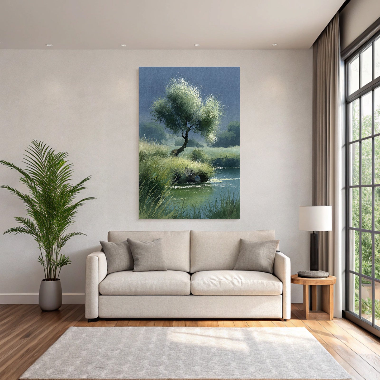 Ruhige Landschaft Mit Baum Am Wasser Wasserfarben Stil