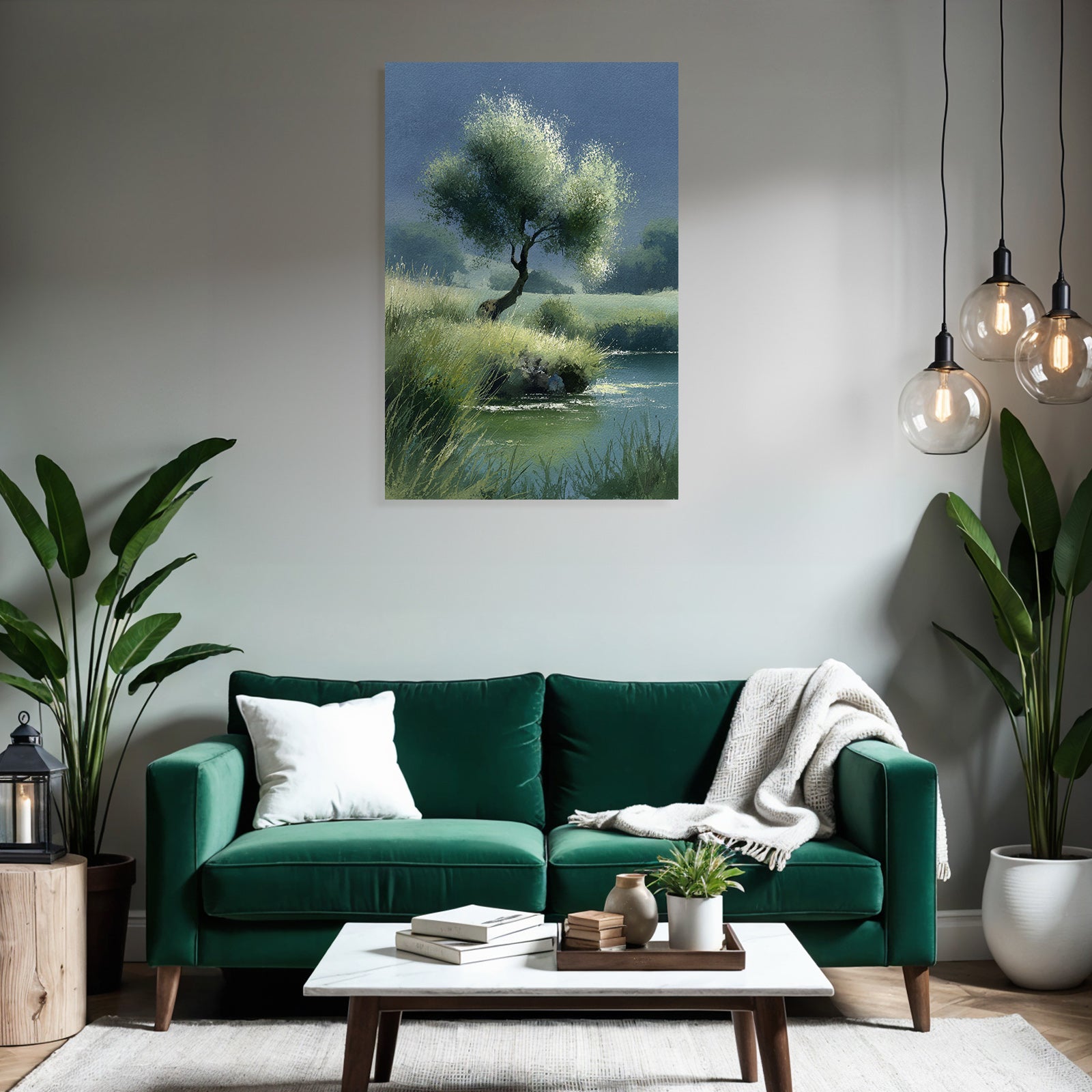 Ruhige Landschaft Mit Baum Am Wasser Wasserfarben Stil