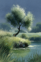 Ruhige Landschaft Mit Baum Am Wasser Wasserfarben Stil | Sport und Bewegung | Themen und Hobbys