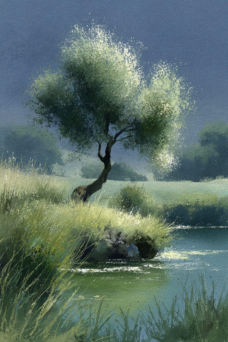 Ruhige Landschaft Mit Baum Am Wasser Wasserfarben Stil | Sport und Bewegung | Themen und Hobbys