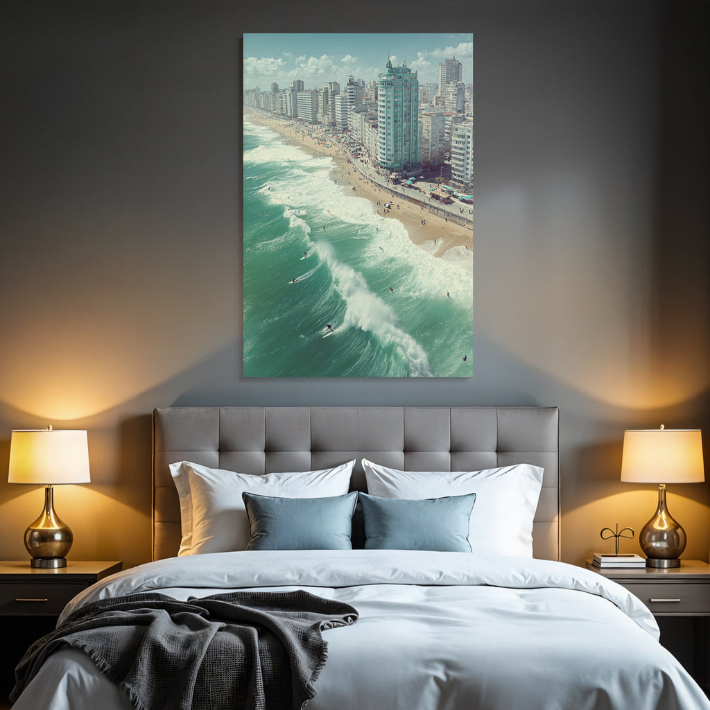Strand Mit Surfern Und Stadt Im Hintergrund Clear Sky Tropisches Paradies