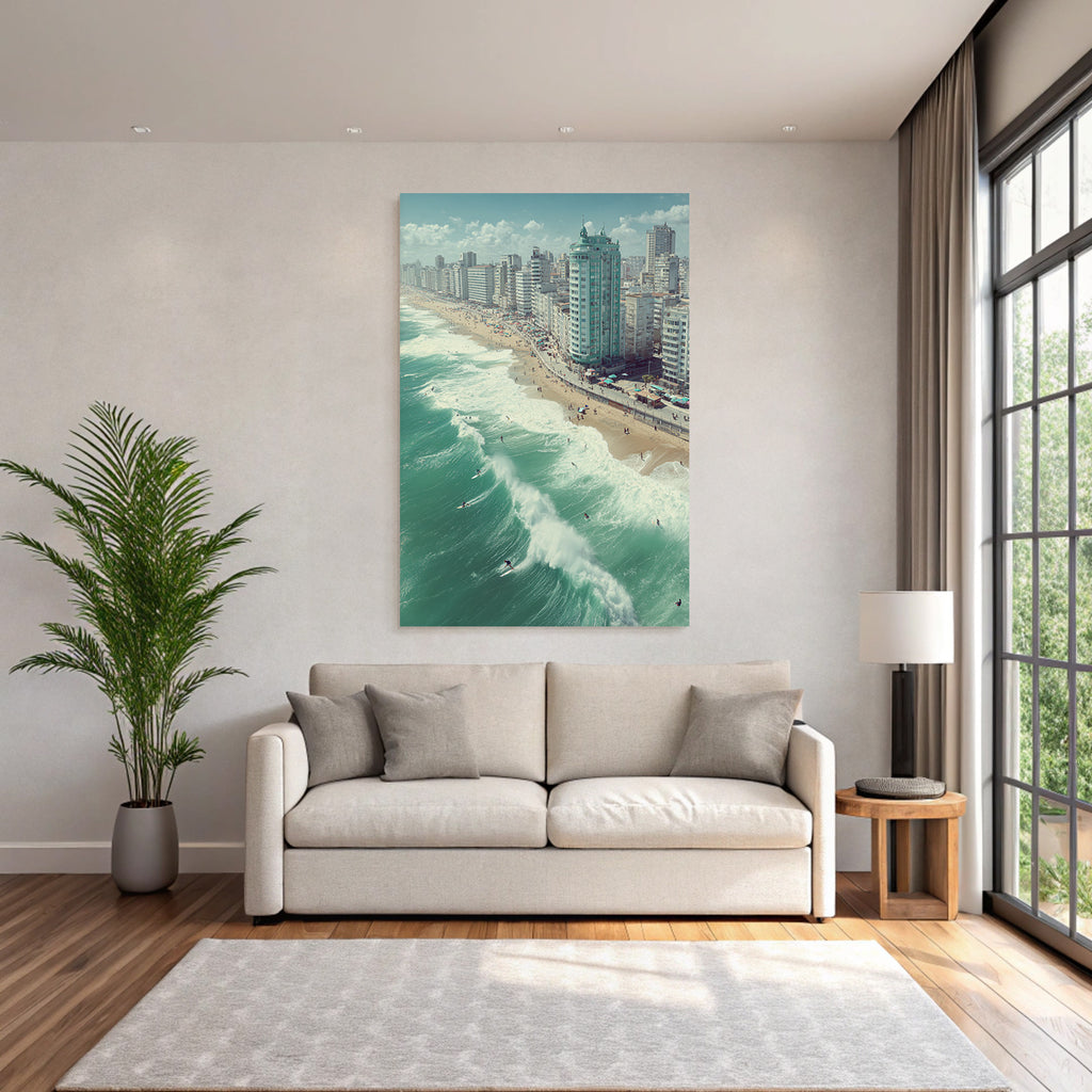 Strand Mit Surfern Und Stadt Im Hintergrund Clear Sky Tropisches Paradies