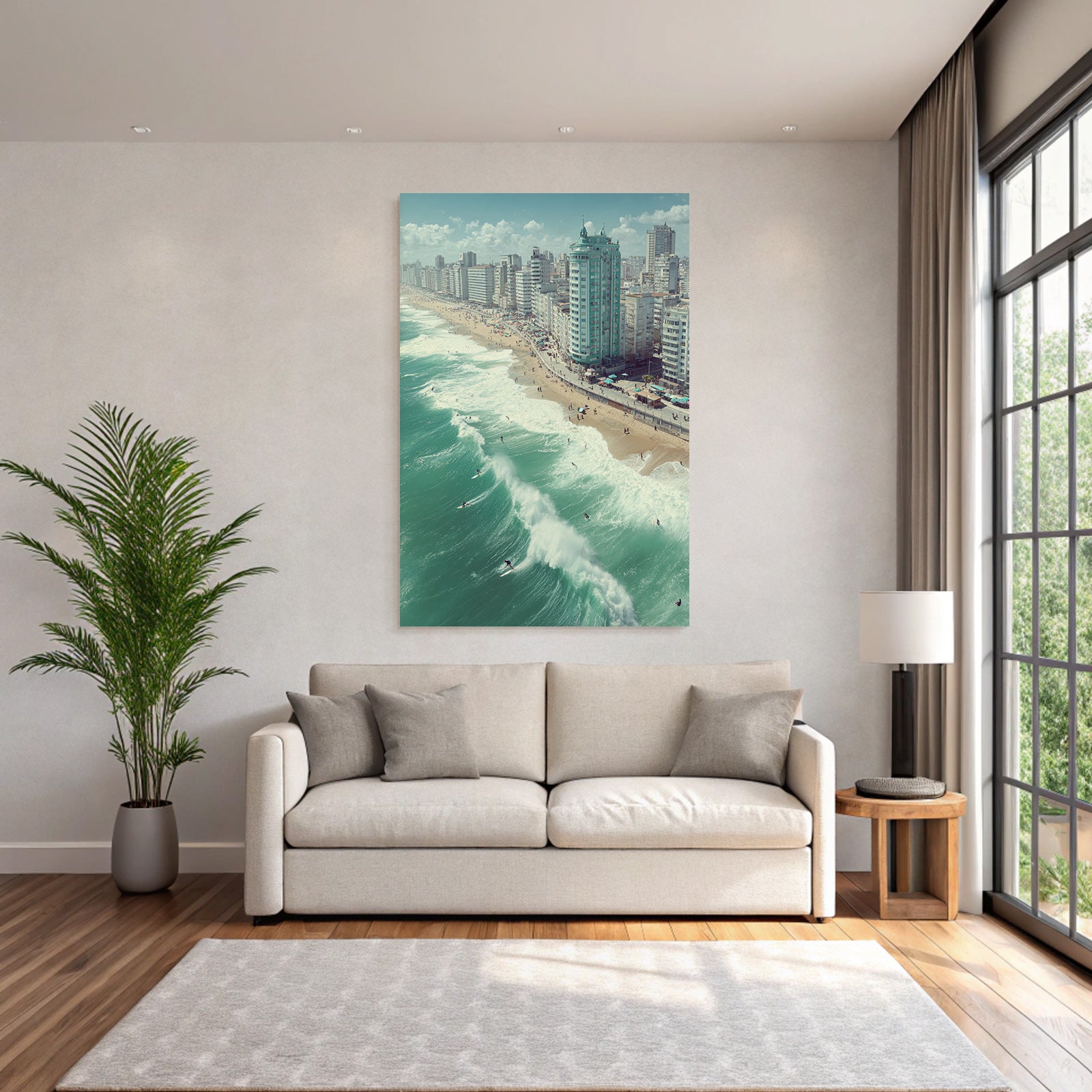 Strand Mit Surfern Und Stadt Im Hintergrund Clear Sky Tropisches Paradies