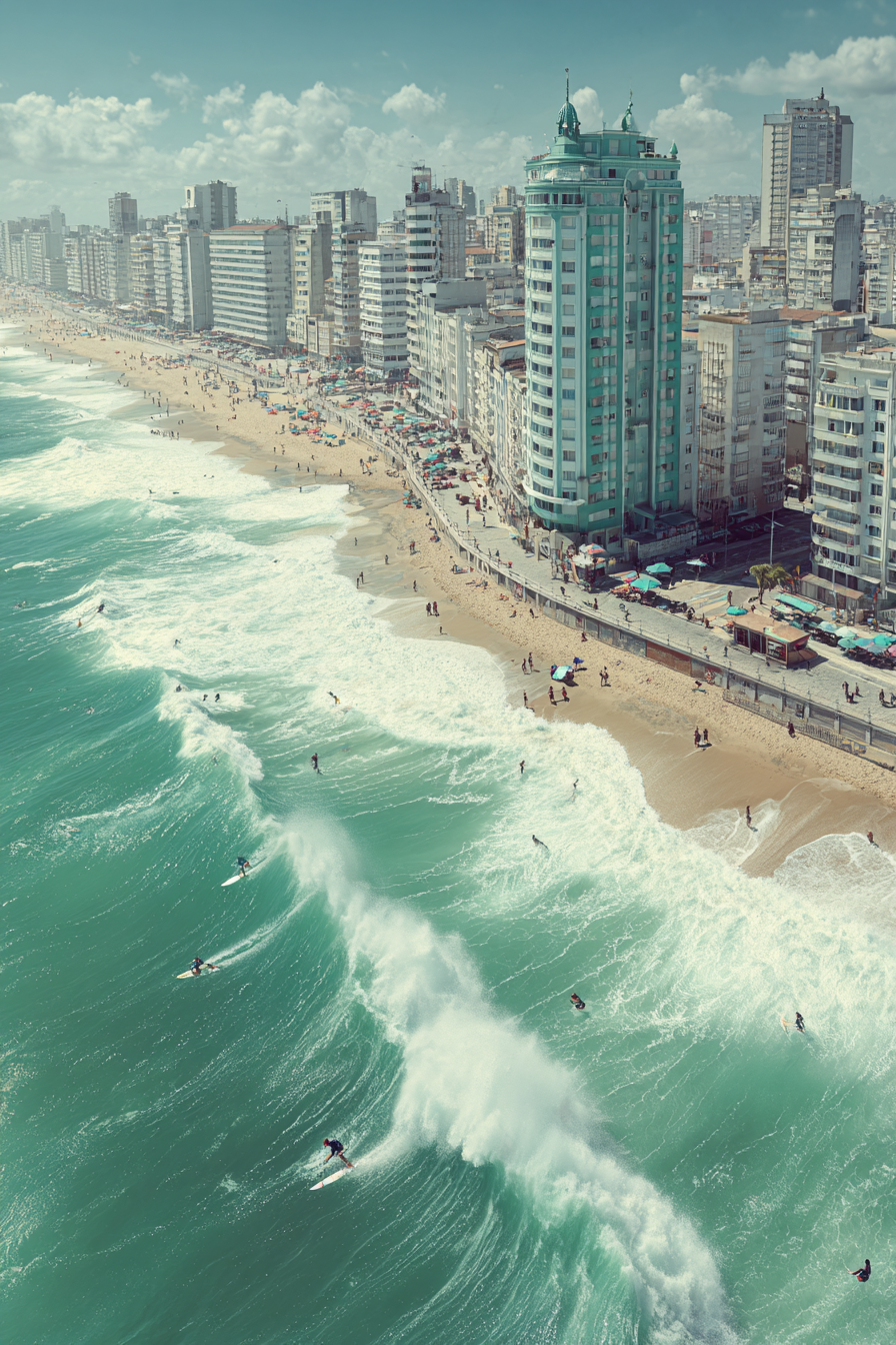 Strand Mit Surfern Und Stadt Im Hintergrund Clear Sky Tropisches Paradies | Sport und Bewegung | Themen und Hobbys