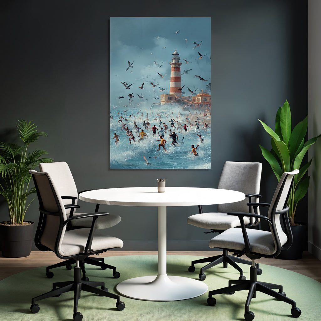 Strandtag Mit Leuchtturm Und Vögeln Im Himmel