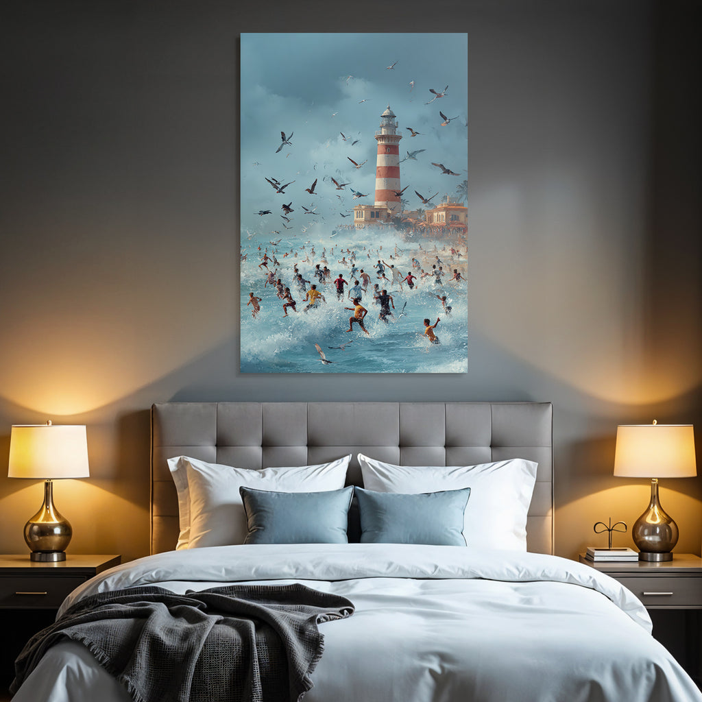 Strandtag Mit Leuchtturm Und Vögeln Im Himmel