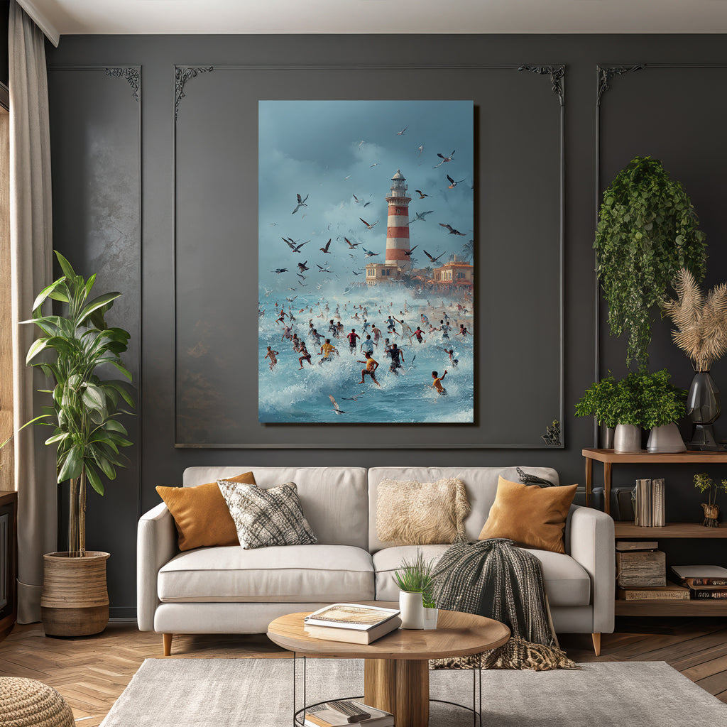 Strandtag Mit Leuchtturm Und Vögeln Im Himmel