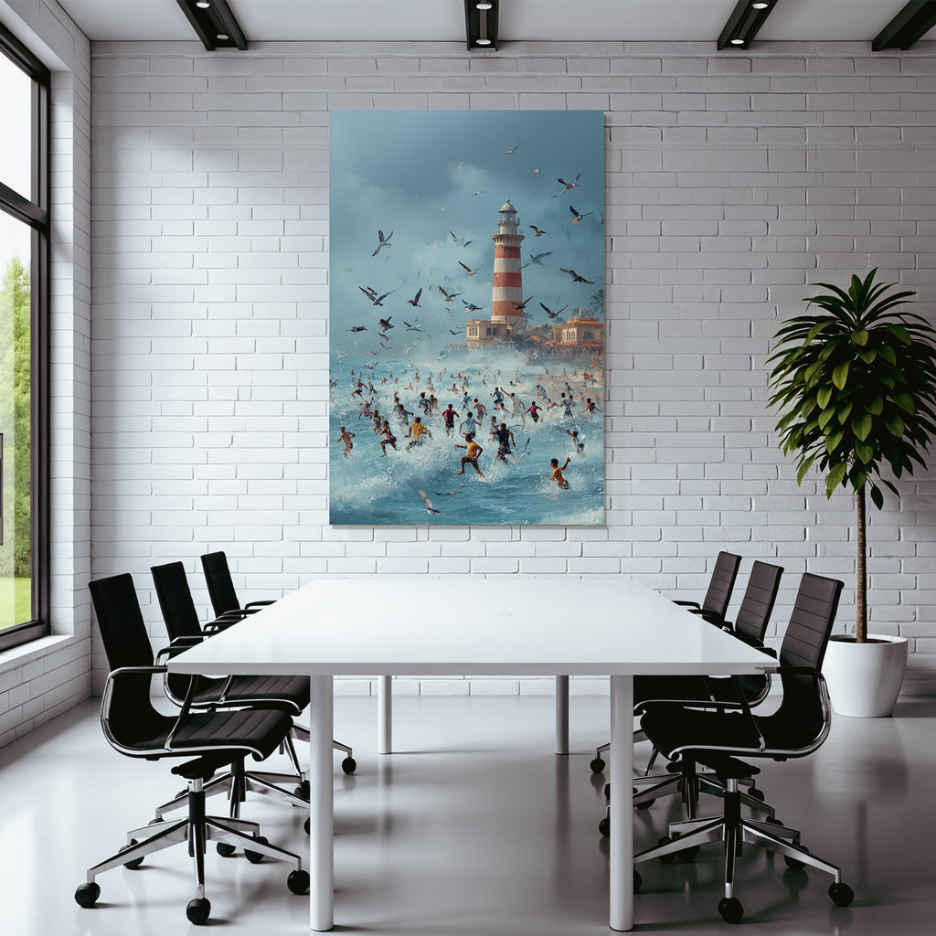 Strandtag Mit Leuchtturm Und Vögeln Im Himmel