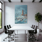 Strandtag Mit Leuchtturm Und Vögeln Im Himmel