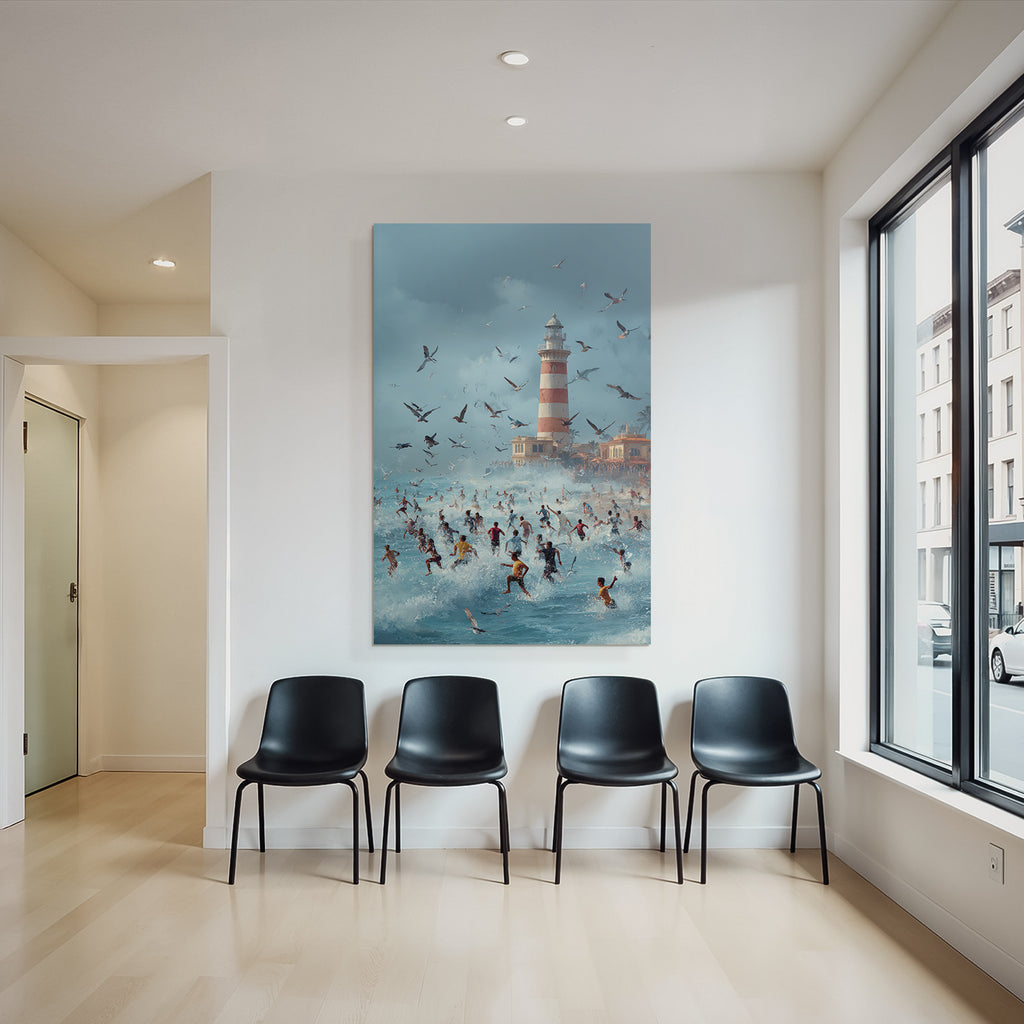 Strandtag Mit Leuchtturm Und Vögeln Im Himmel