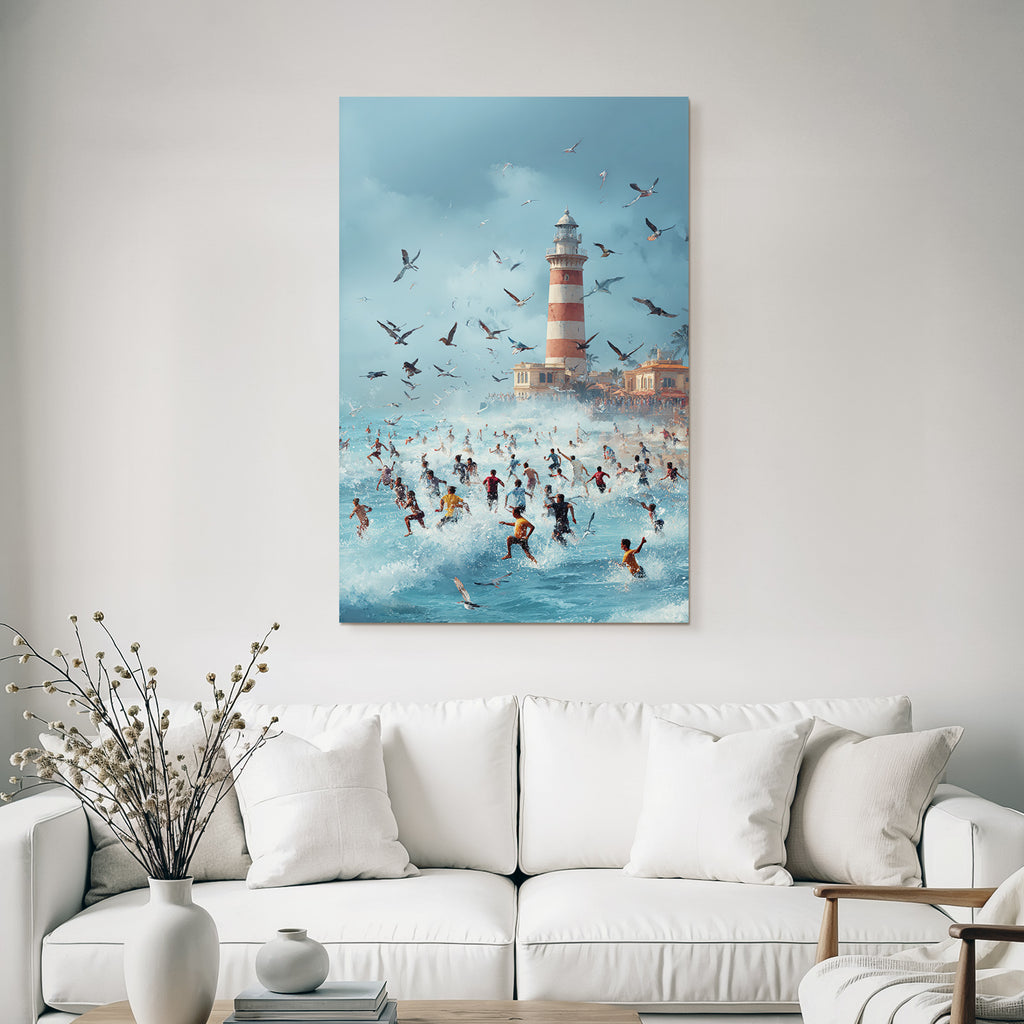 Strandtag Mit Leuchtturm Und Vögeln Im Himmel