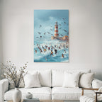 Strandtag Mit Leuchtturm Und Vögeln Im Himmel