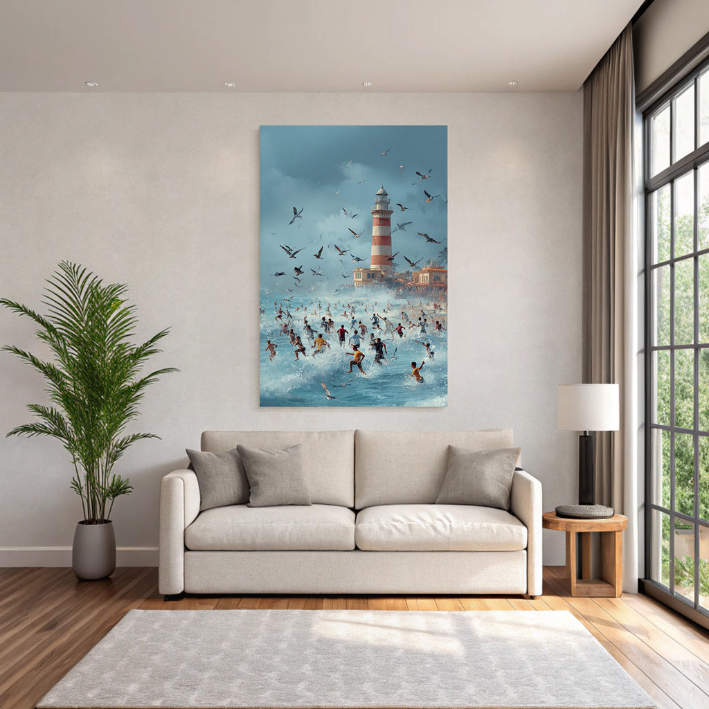 Strandtag Mit Leuchtturm Und Vögeln Im Himmel