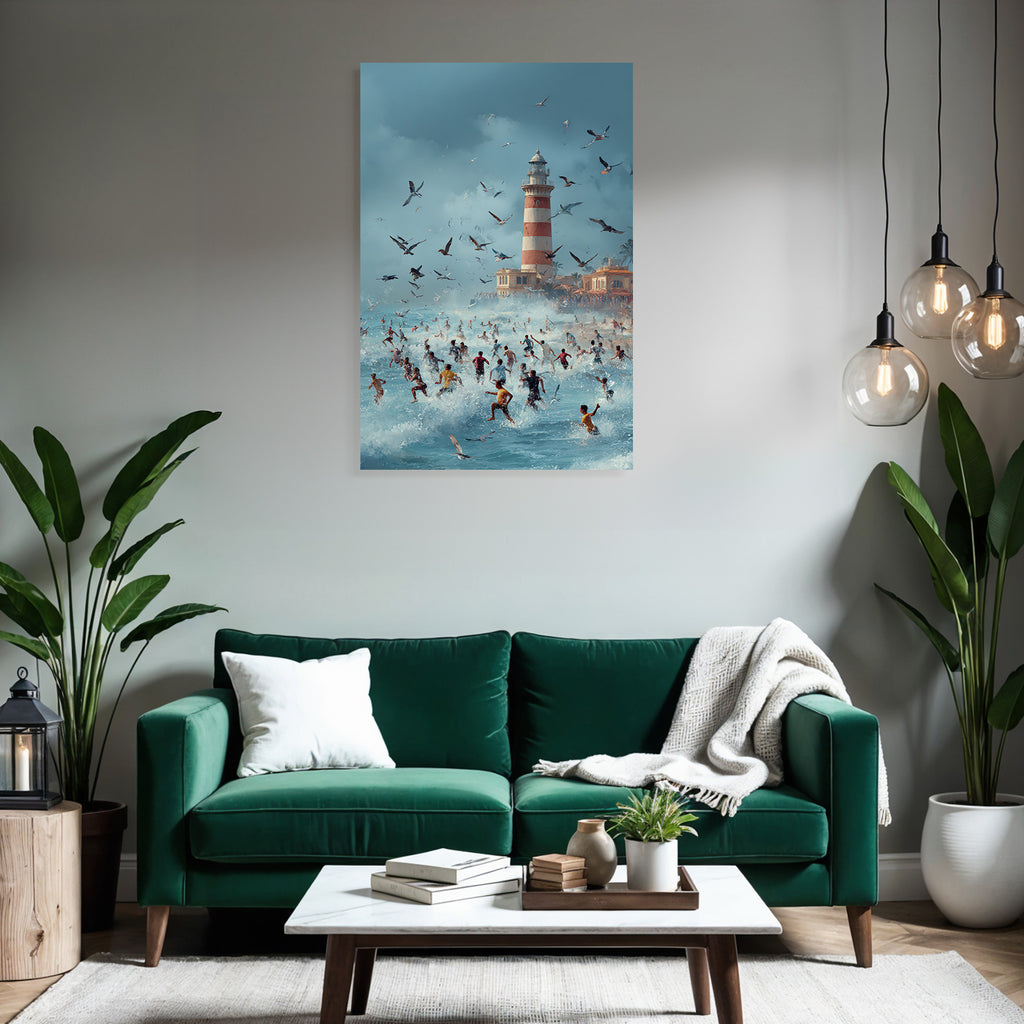 Strandtag Mit Leuchtturm Und Vögeln Im Himmel