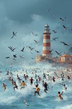 Strandtag Mit Leuchtturm Und Vögeln Im Himmel | Sport und Bewegung | Themen und Hobbys