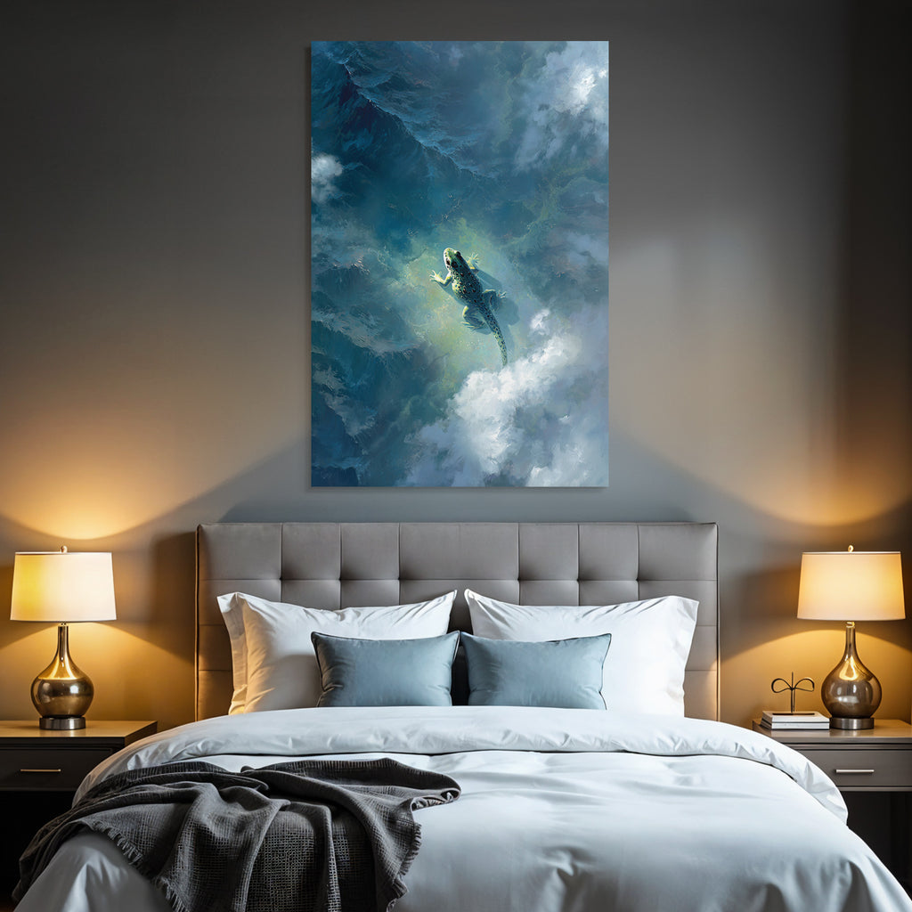 Traumhafte Frosch Schwebt Über Wolken Und Wasser
