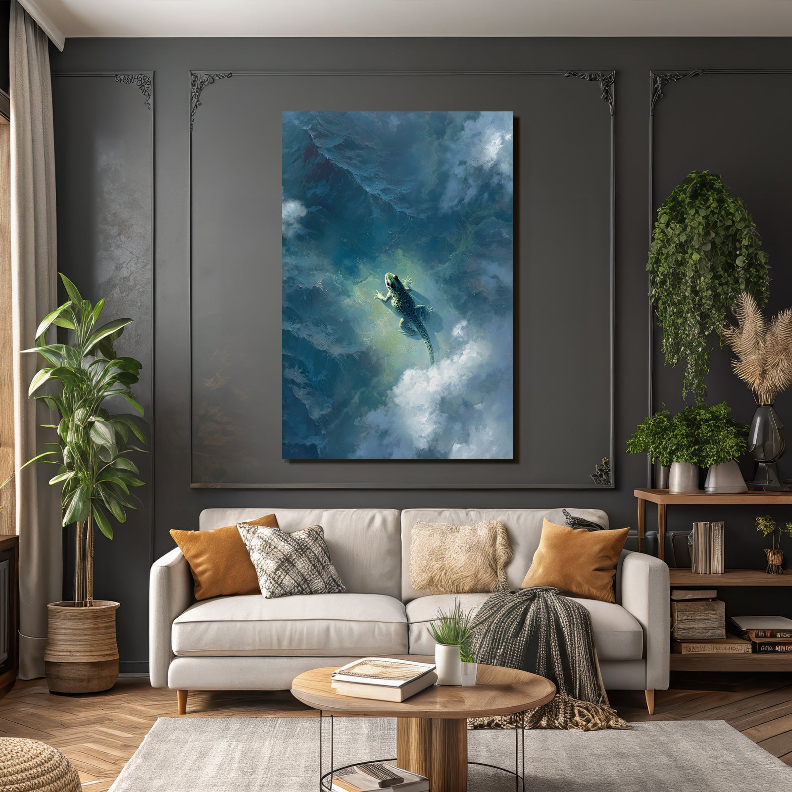 Traumhafte Frosch Schwebt Über Wolken Und Wasser