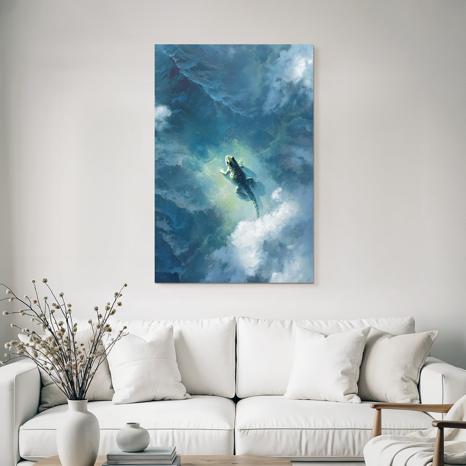 Traumhafte Frosch Schwebt Über Wolken Und Wasser