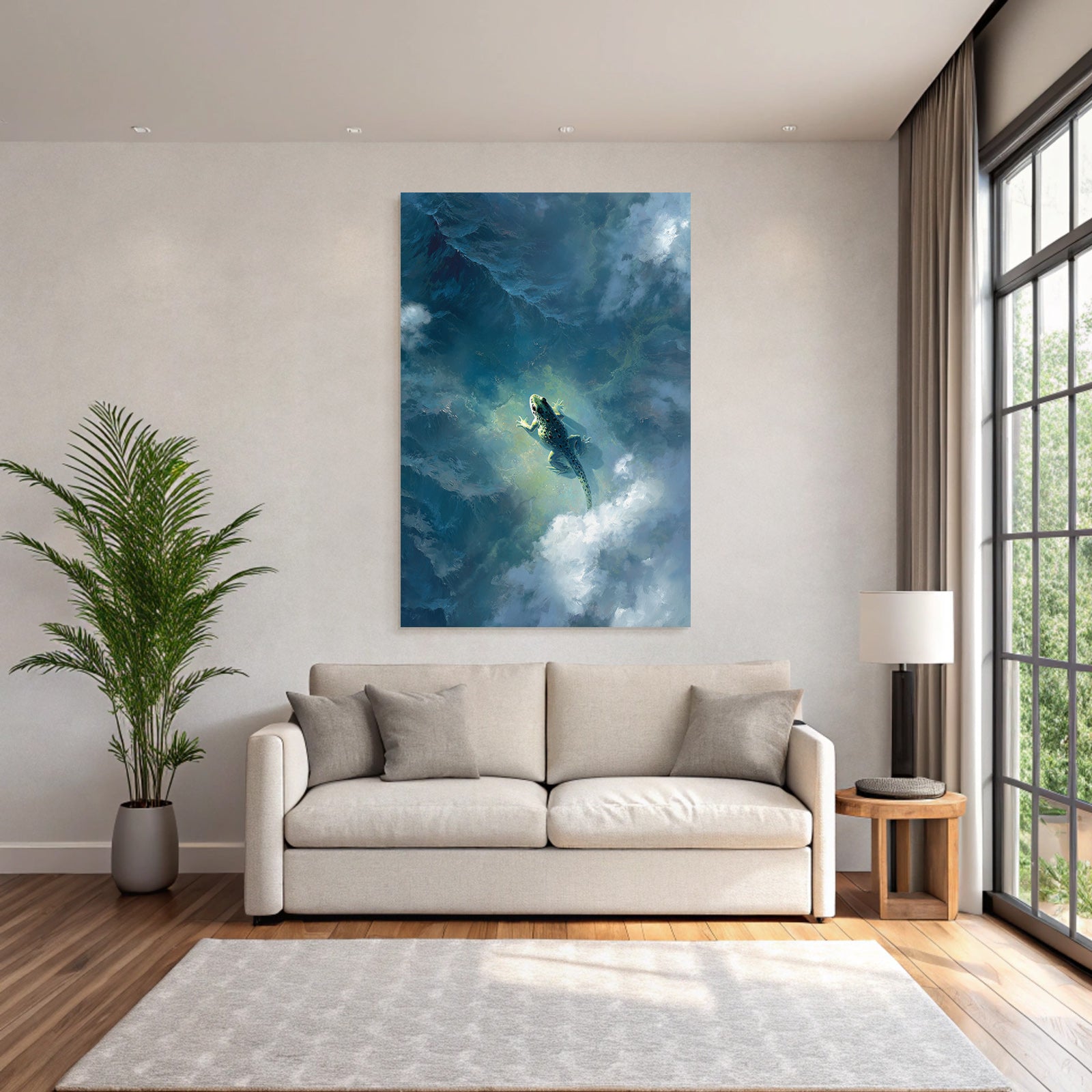 Traumhafte Frosch Schwebt Über Wolken Und Wasser
