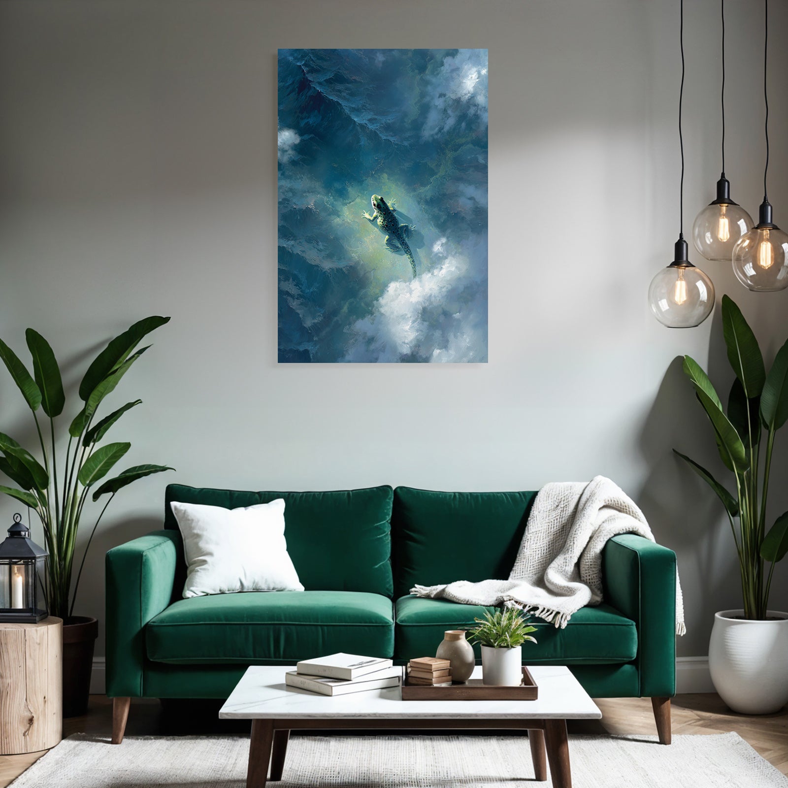Traumhafte Frosch Schwebt Über Wolken Und Wasser