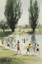Wasserspielende Kinder Im Sommer Malerei | Sport und Bewegung | Themen und Hobbys