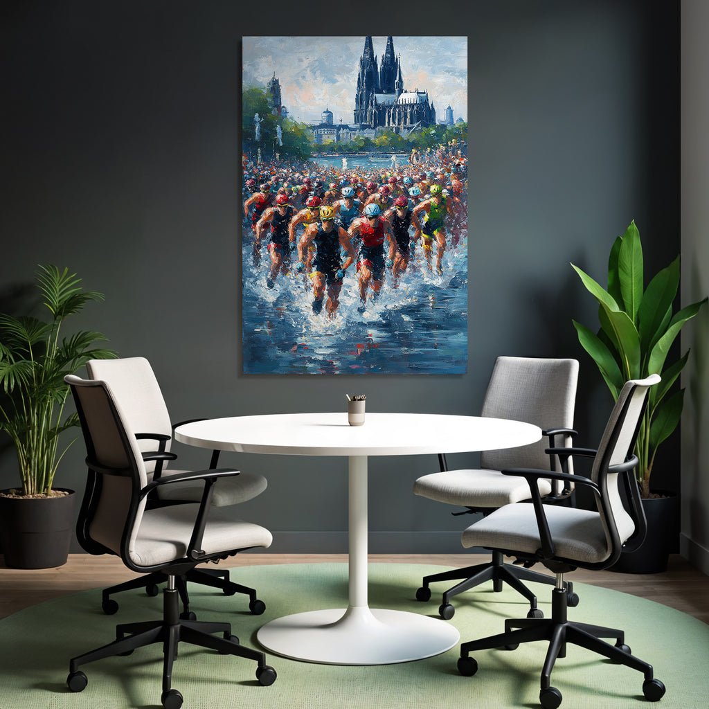 Wettkampf Schwimmen Triathlon Athleten Im Wasser Mit Architektur Hintergrund