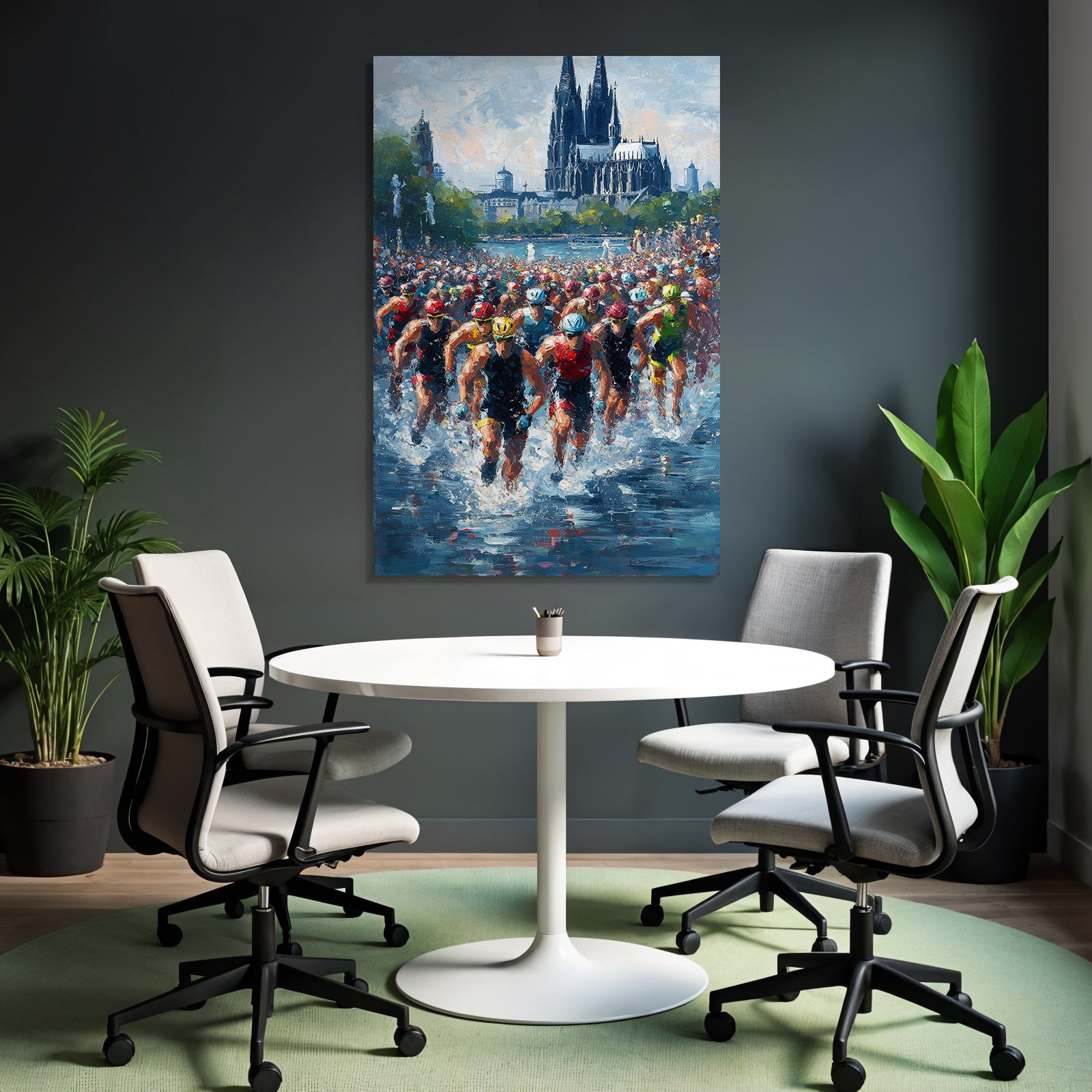 Wettkampf Schwimmen Triathlon Athleten Im Wasser Mit Architektur Hintergrund