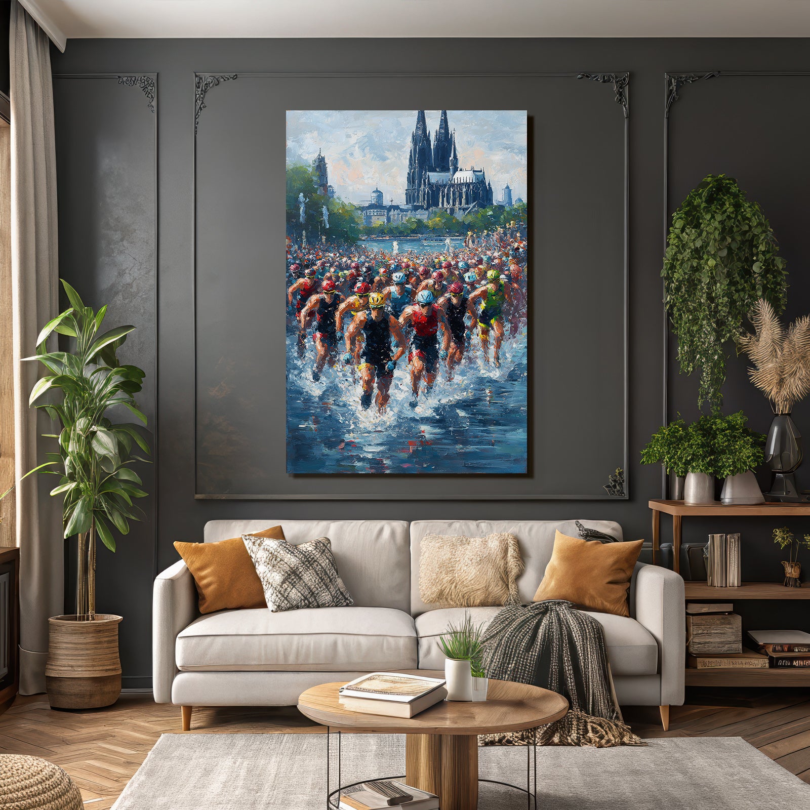 Wettkampf Schwimmen Triathlon Athleten Im Wasser Mit Architektur Hintergrund