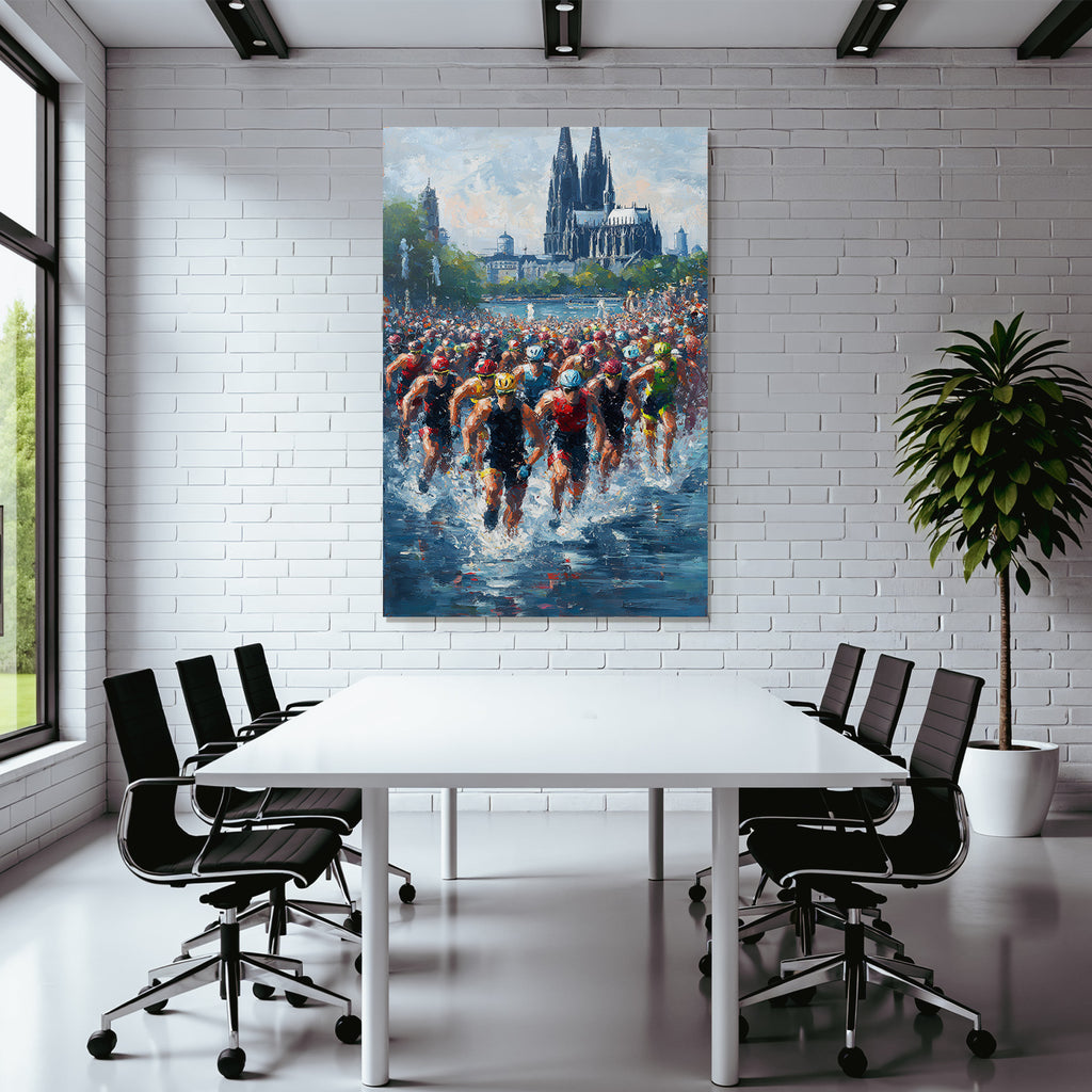 Wettkampf Schwimmen Triathlon Athleten Im Wasser Mit Architektur Hintergrund