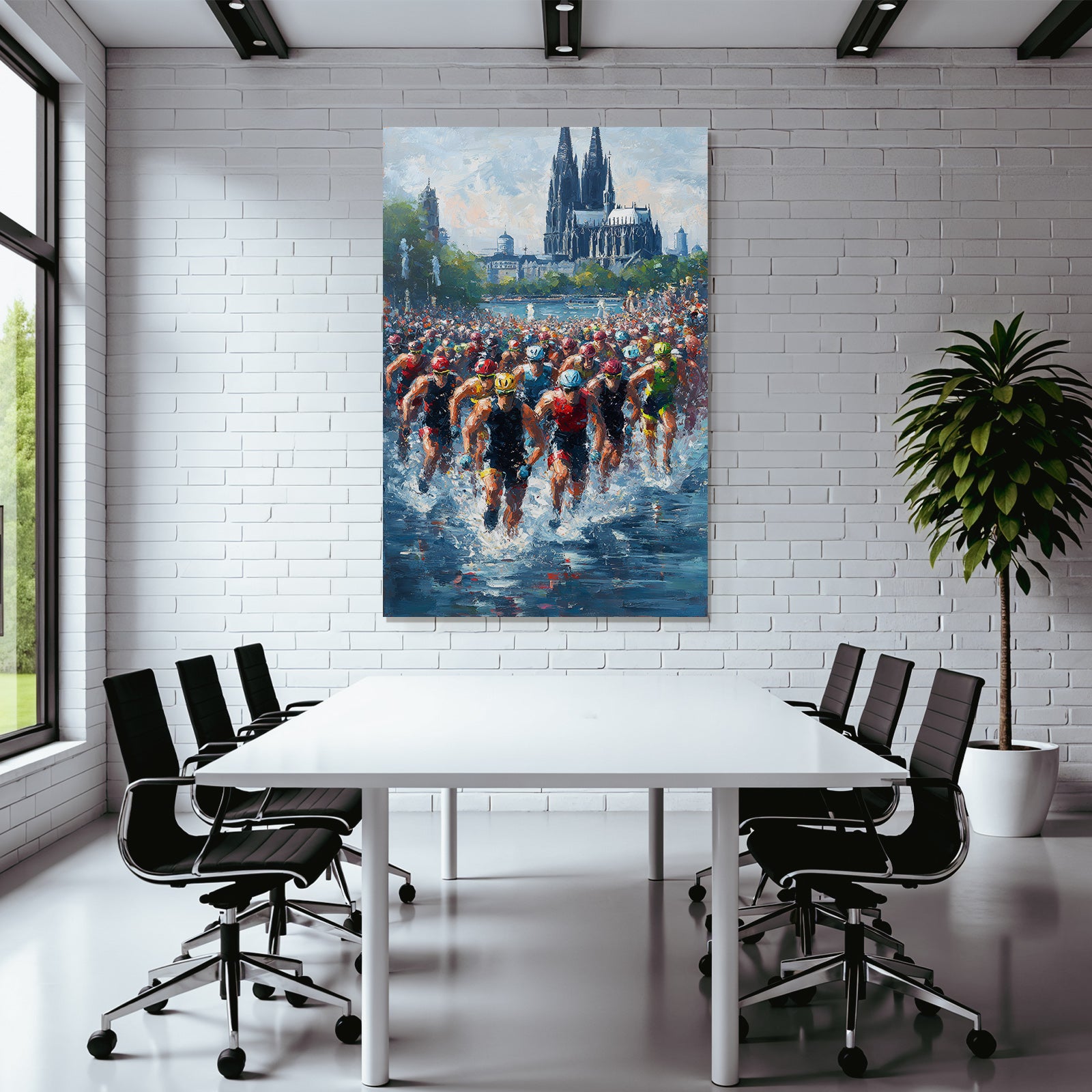 Wettkampf Schwimmen Triathlon Athleten Im Wasser Mit Architektur Hintergrund