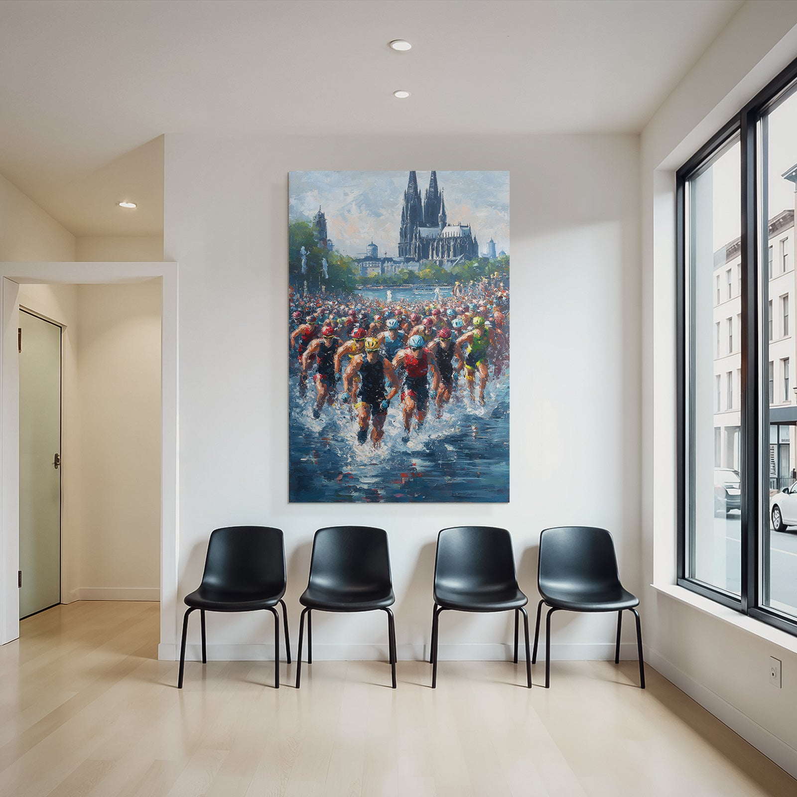 Wettkampf Schwimmen Triathlon Athleten Im Wasser Mit Architektur Hintergrund