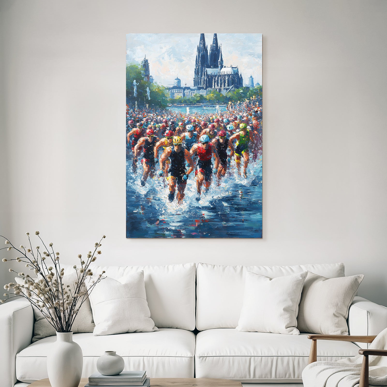 Wettkampf Schwimmen Triathlon Athleten Im Wasser Mit Architektur Hintergrund