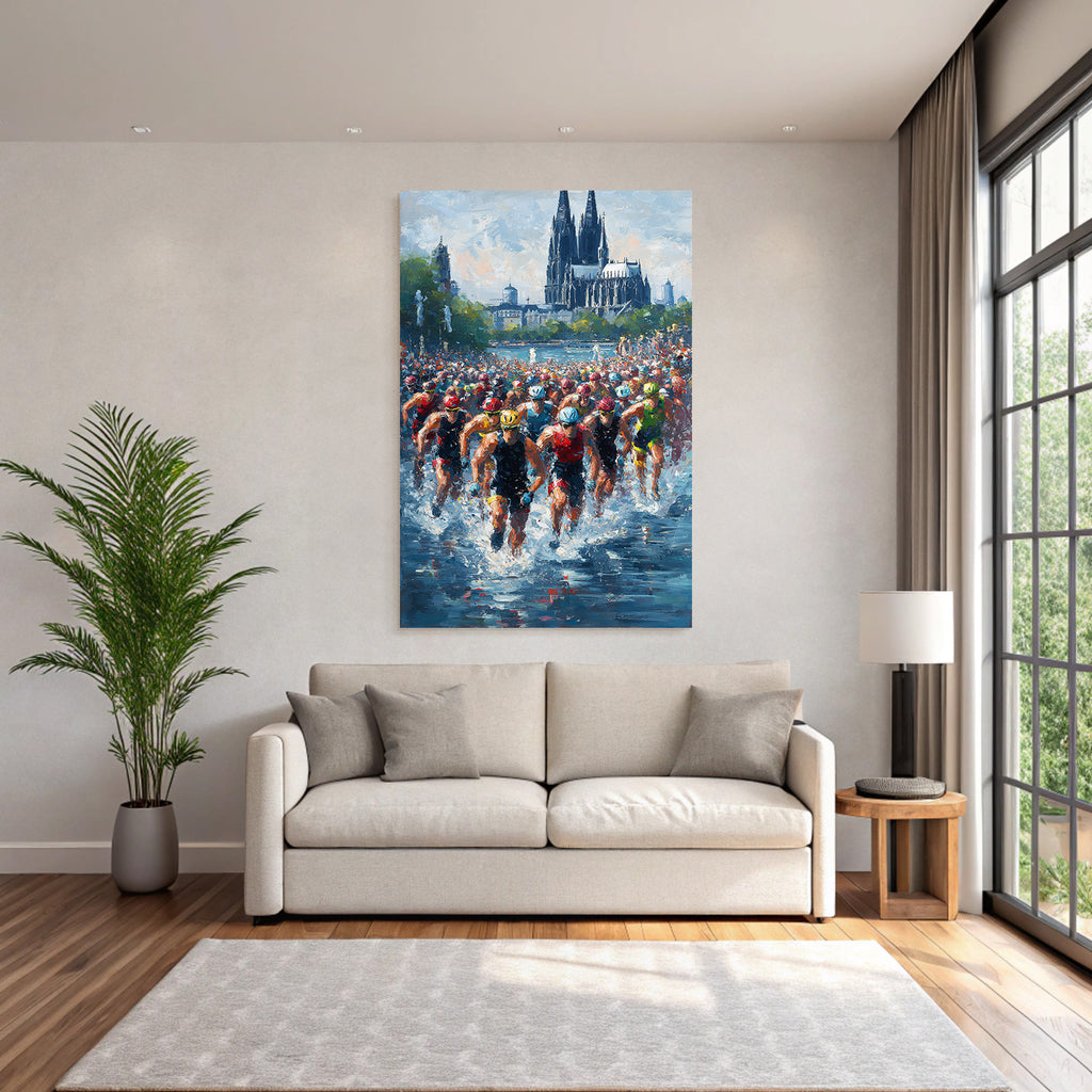 Wettkampf Schwimmen Triathlon Athleten Im Wasser Mit Architektur Hintergrund