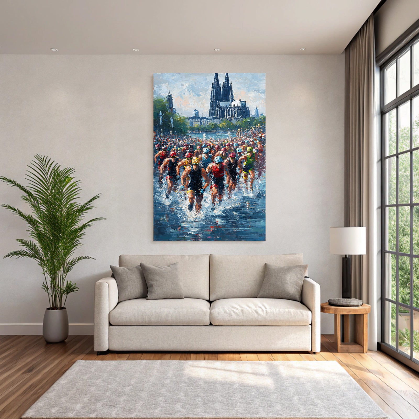 Wettkampf Schwimmen Triathlon Athleten Im Wasser Mit Architektur Hintergrund