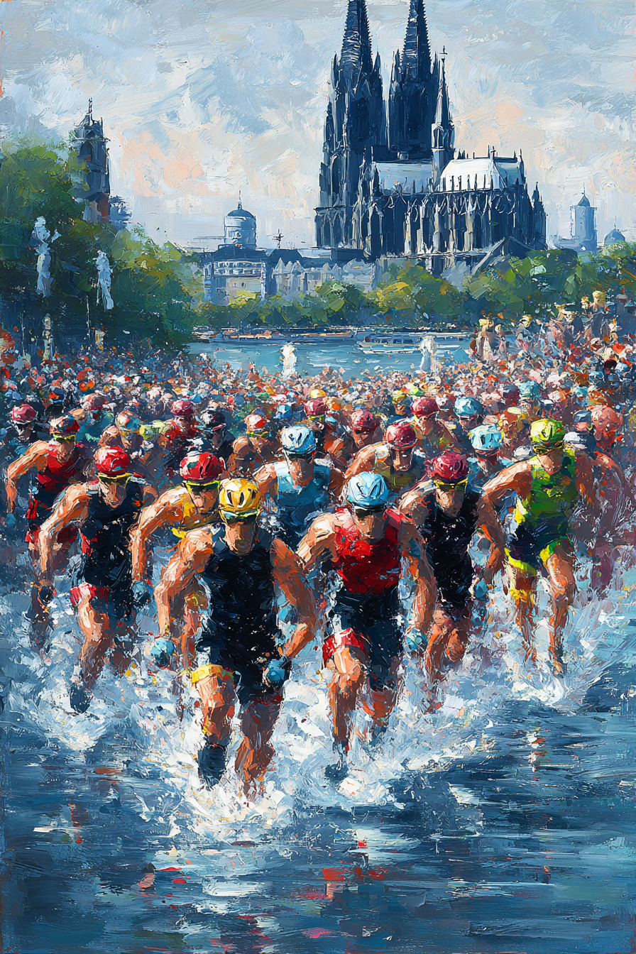 Wettkampf Schwimmen Triathlon Athleten Im Wasser Mit Architektur Hintergrund | Sport und Bewegung | Themen und Hobbys