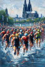 Wettkampf Schwimmen Triathlon Athleten Im Wasser Mit Architektur Hintergrund | Sport und Bewegung | Themen und Hobbys