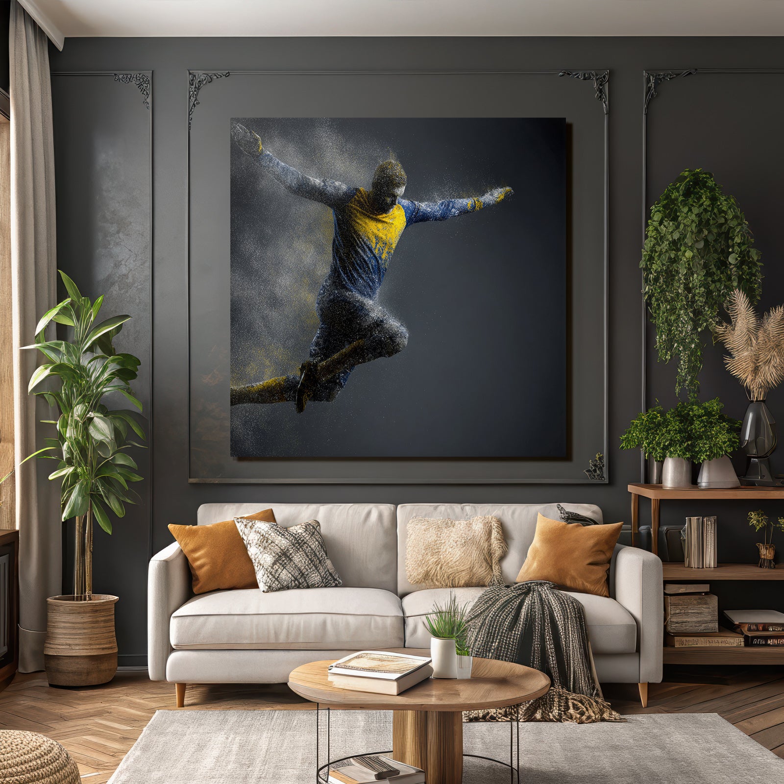 Fussballspieler Mit Sprungkick Auf Dunklem Hintergrund Dynmische Darstellung