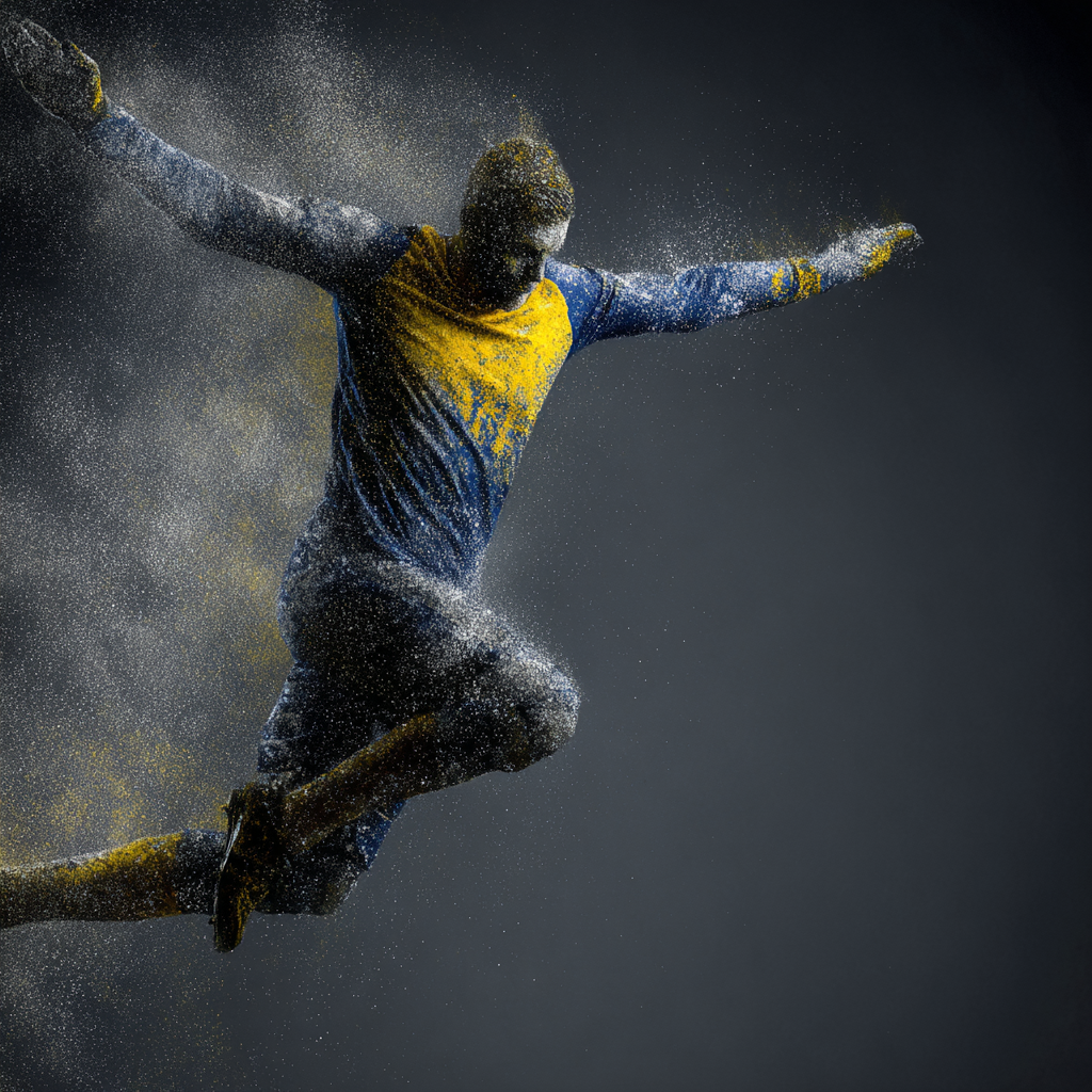 Fussballspieler Mit Sprungkick Auf Dunklem Hintergrund Dynmische Darstellung | Sport und Bewegung | Themen und Hobbys