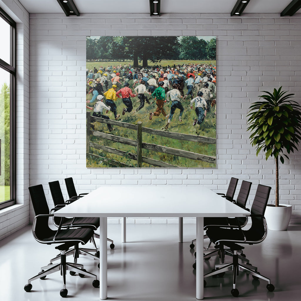 Grosse Gruppe Von Menschen Durch Ein Grünes Feld Rennend