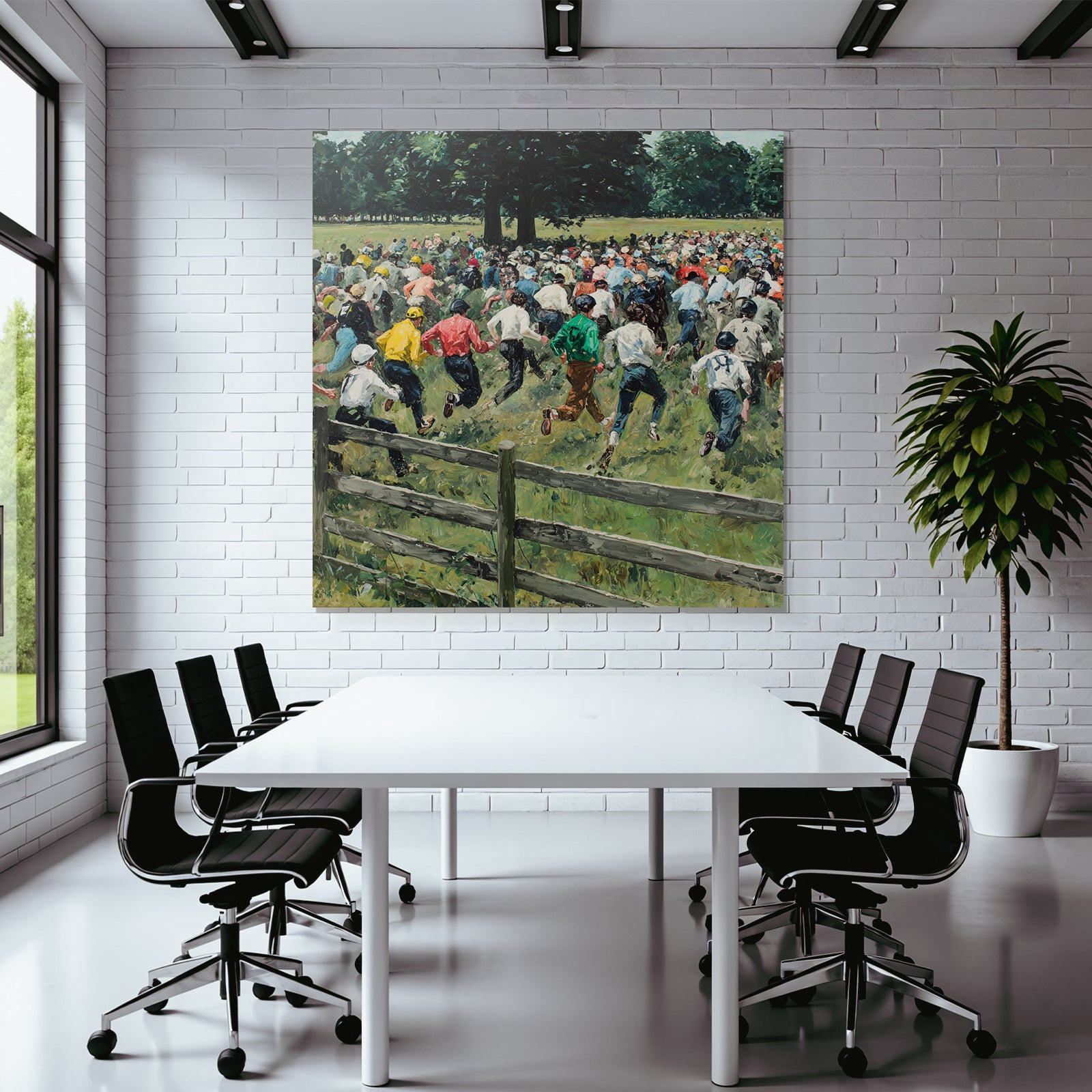 Grosse Gruppe Von Menschen Durch Ein Grünes Feld Rennend