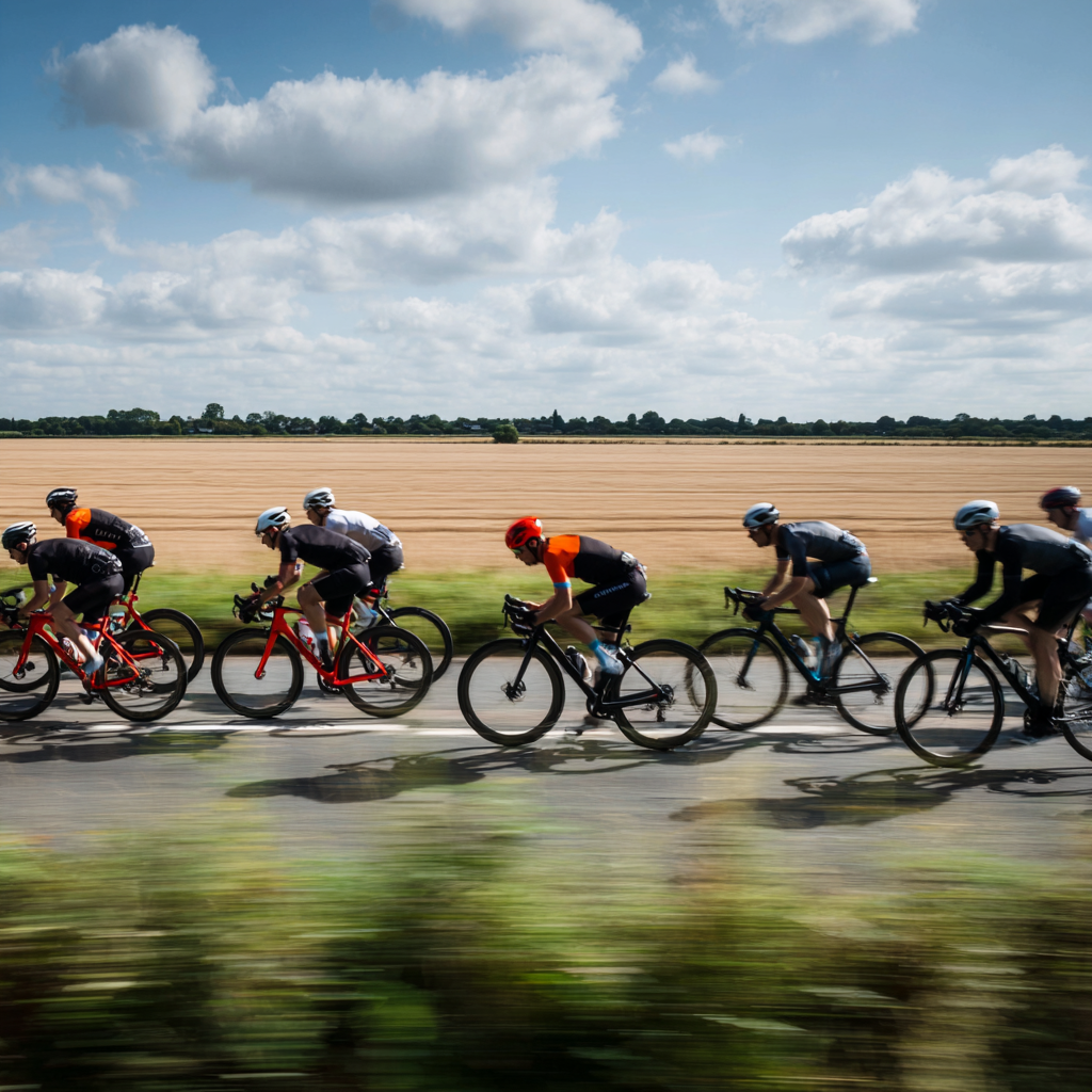 Gruppe Von Radfahrern Auf Ländlicher Strasse Mit Feldern Teilweise Bewölkter Himmel | Sport und Bewegung | Themen und Hobbys
