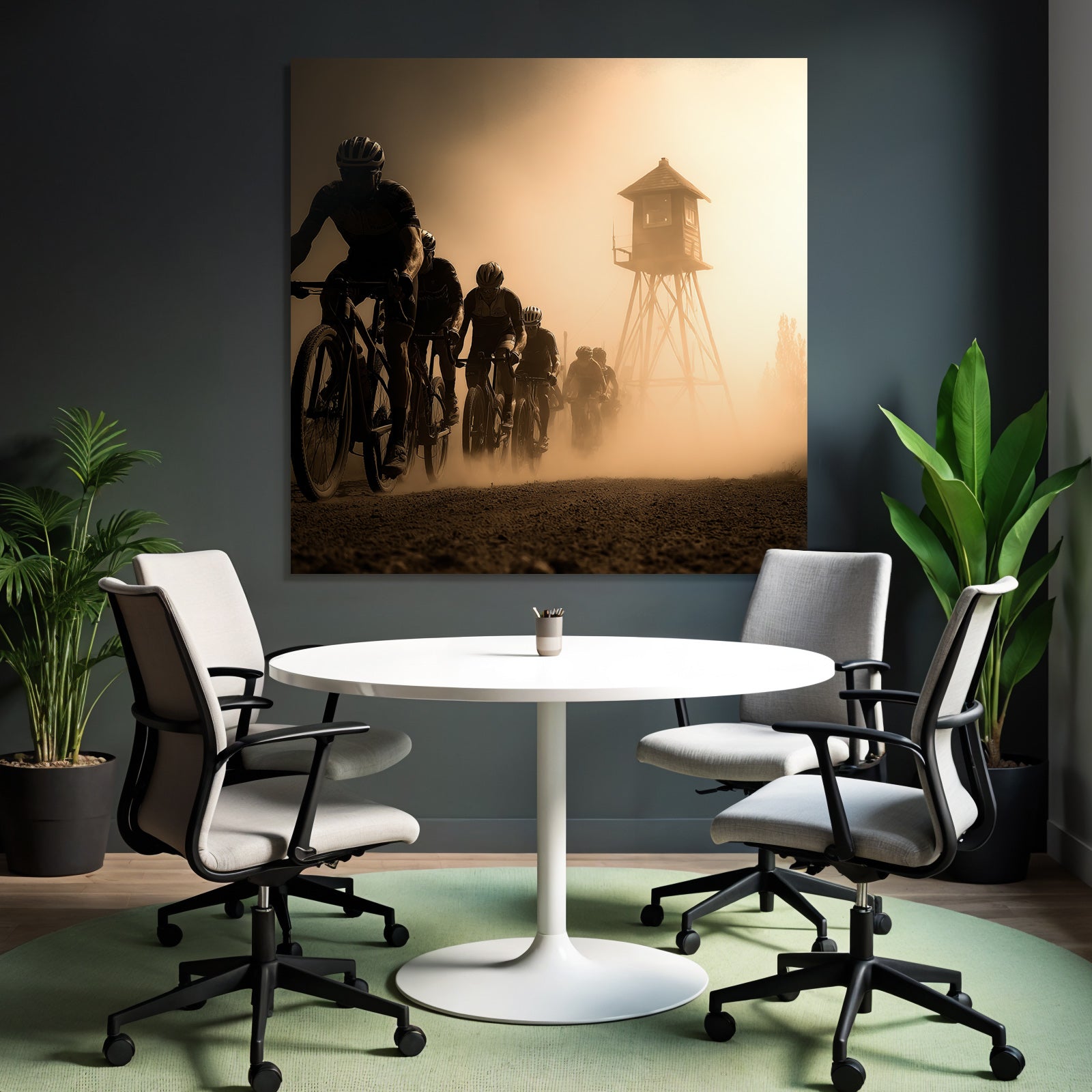Gruppe Von Radfahrern Auf Staubigem Pfad Mit Wachtturm Hintergrund