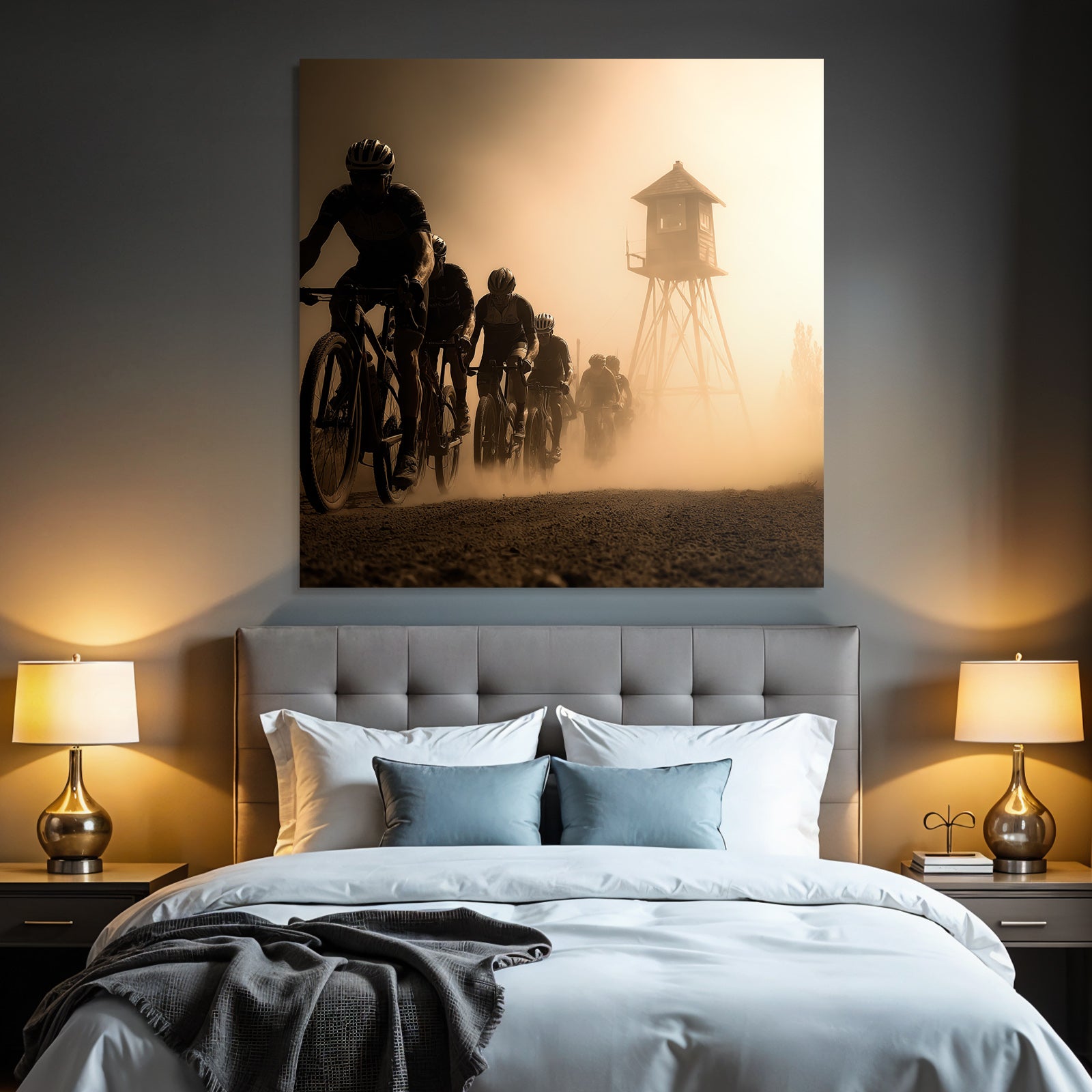 Gruppe Von Radfahrern Auf Staubigem Pfad Mit Wachtturm Hintergrund