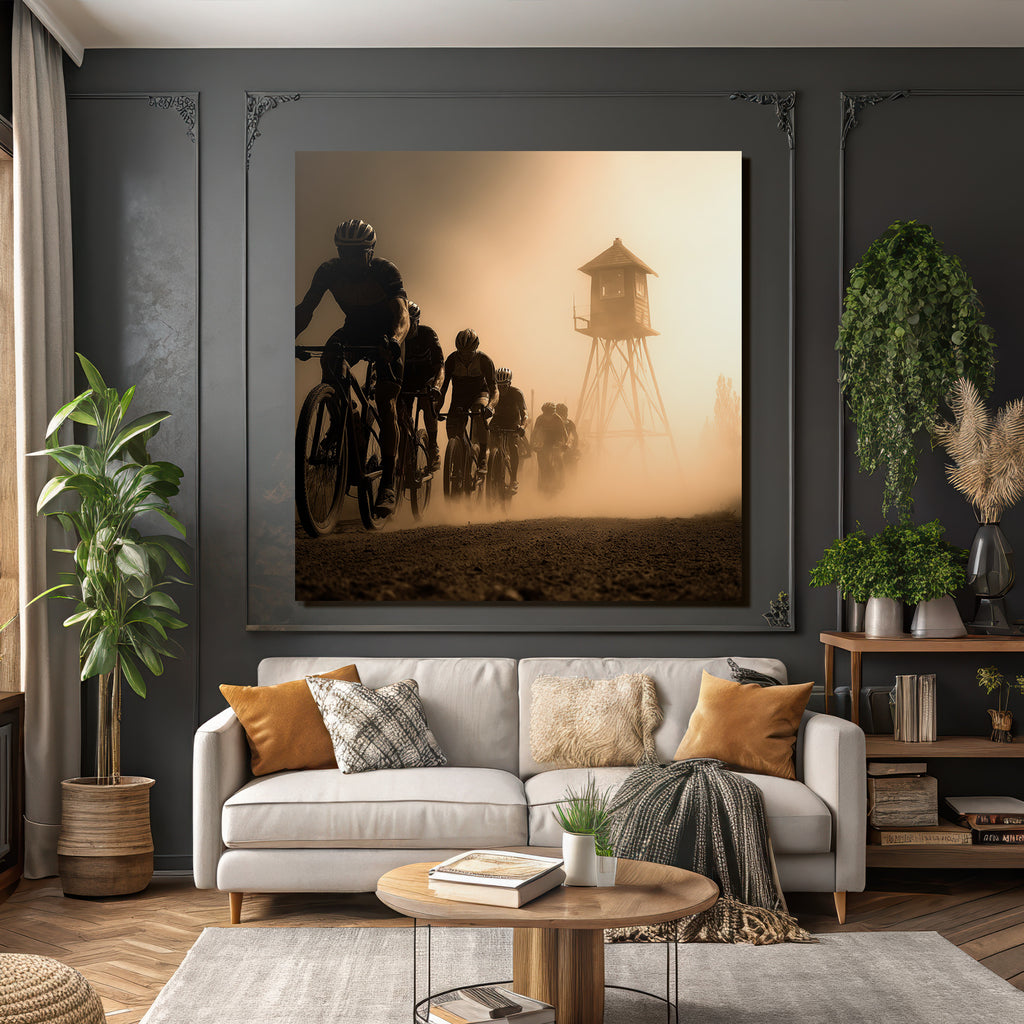 Gruppe Von Radfahrern Auf Staubigem Pfad Mit Wachtturm Hintergrund