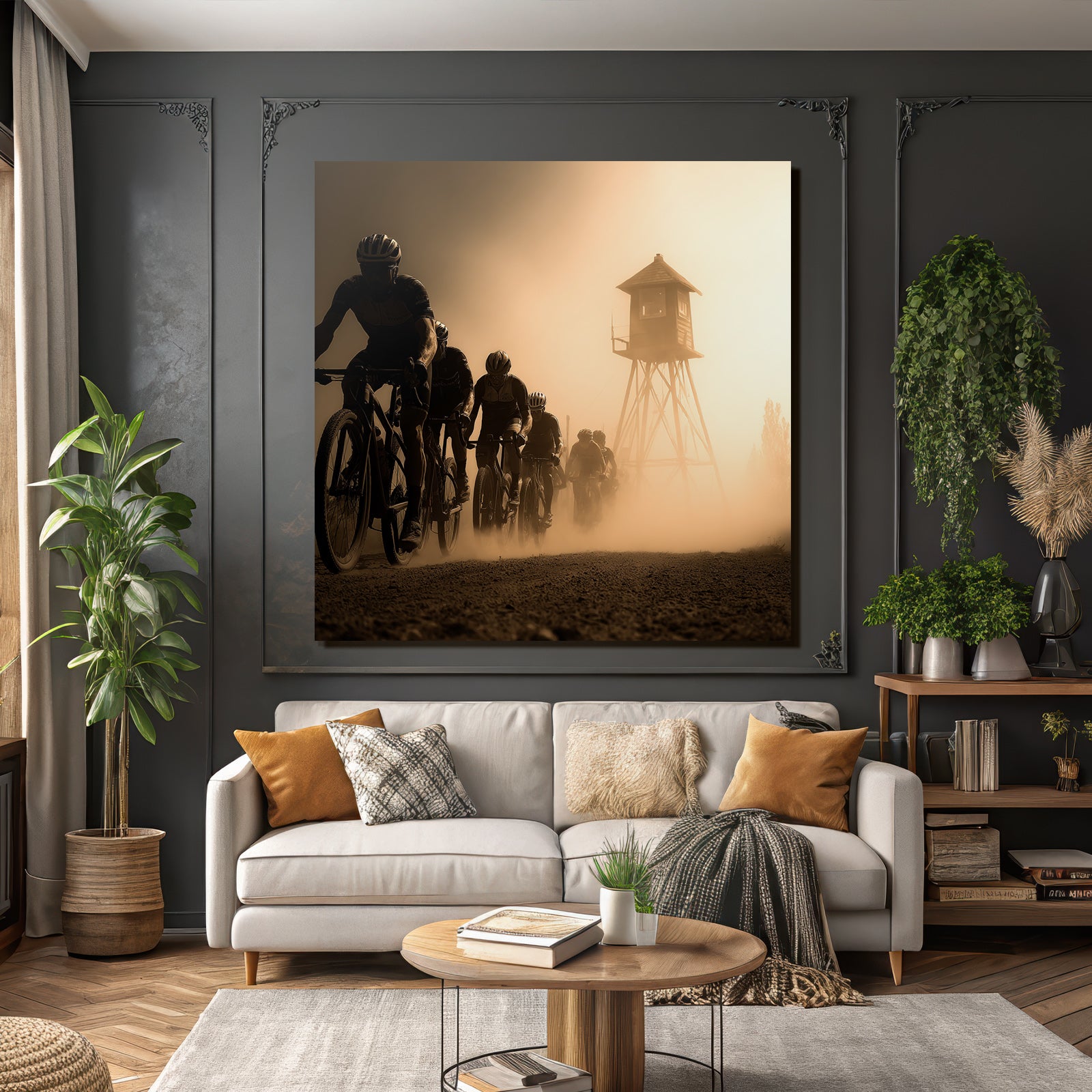 Gruppe Von Radfahrern Auf Staubigem Pfad Mit Wachtturm Hintergrund