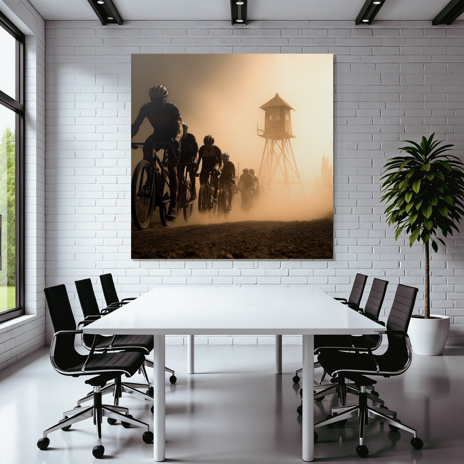 Gruppe Von Radfahrern Auf Staubigem Pfad Mit Wachtturm Hintergrund