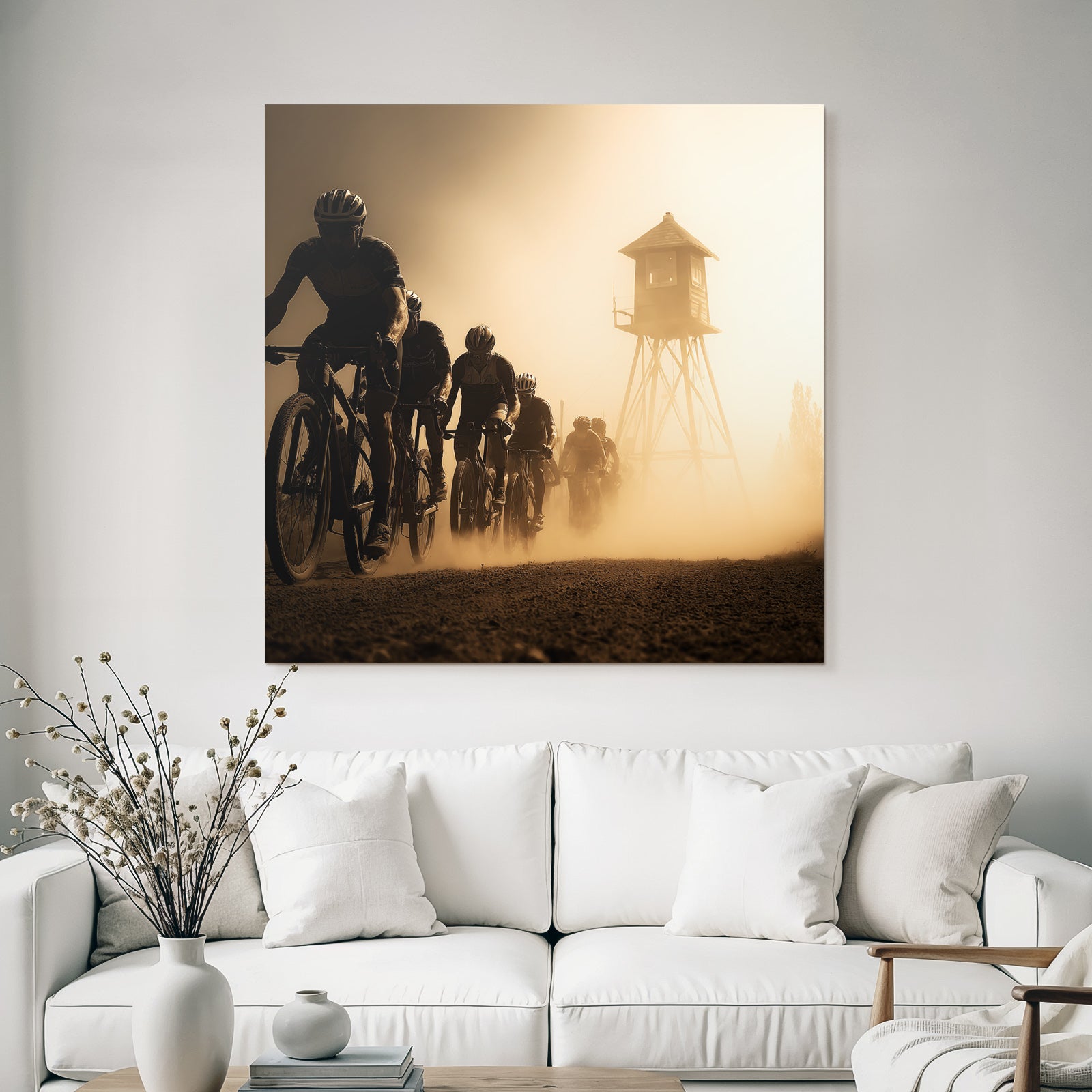 Gruppe Von Radfahrern Auf Staubigem Pfad Mit Wachtturm Hintergrund
