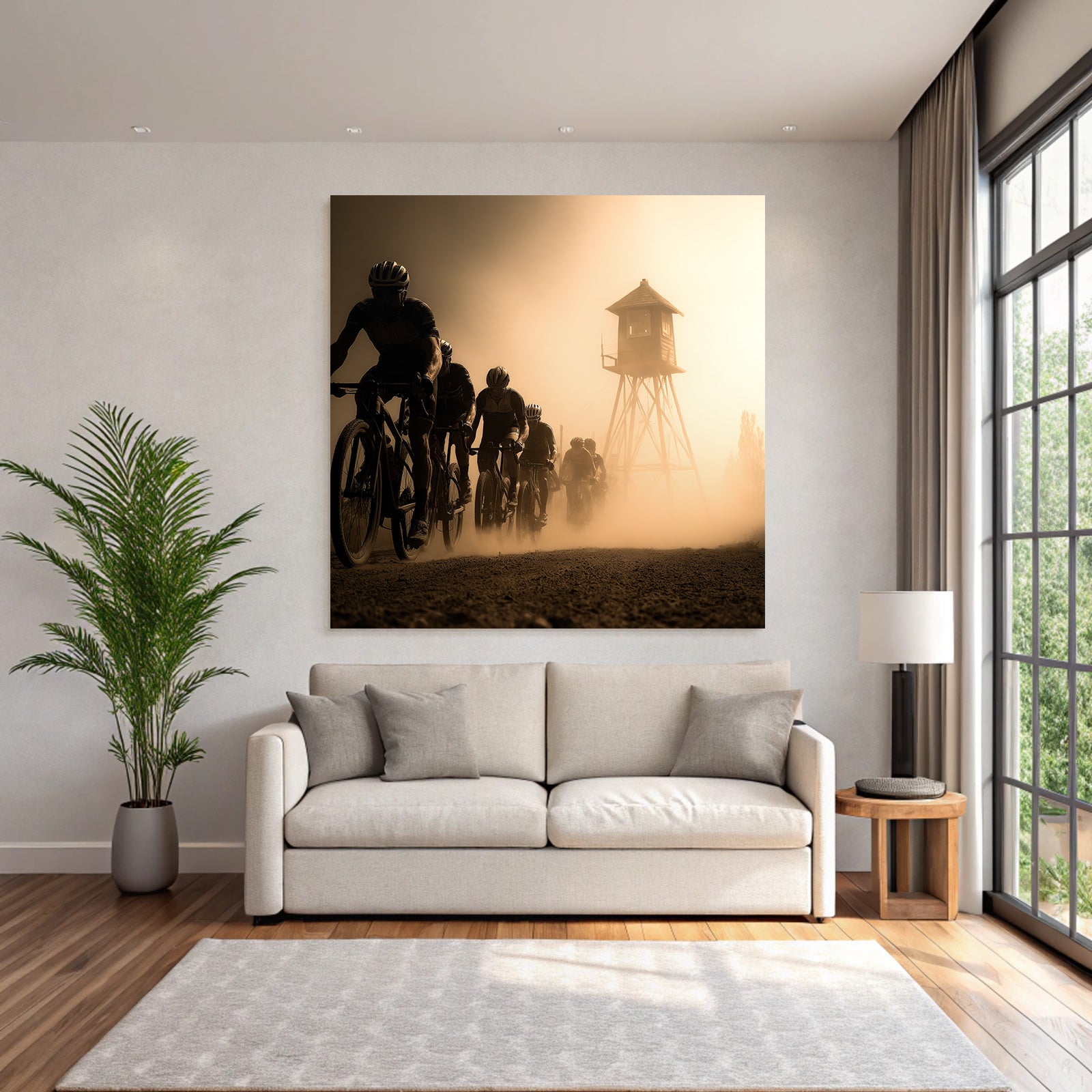 Gruppe Von Radfahrern Auf Staubigem Pfad Mit Wachtturm Hintergrund