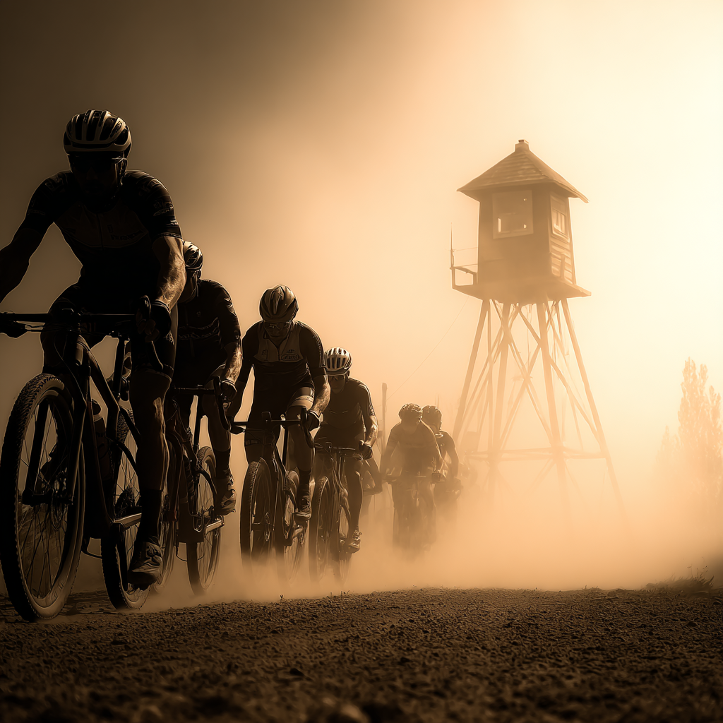 Gruppe Von Radfahrern Auf Staubigem Pfad Mit Wachtturm Hintergrund | Sport und Bewegung | Themen und Hobbys