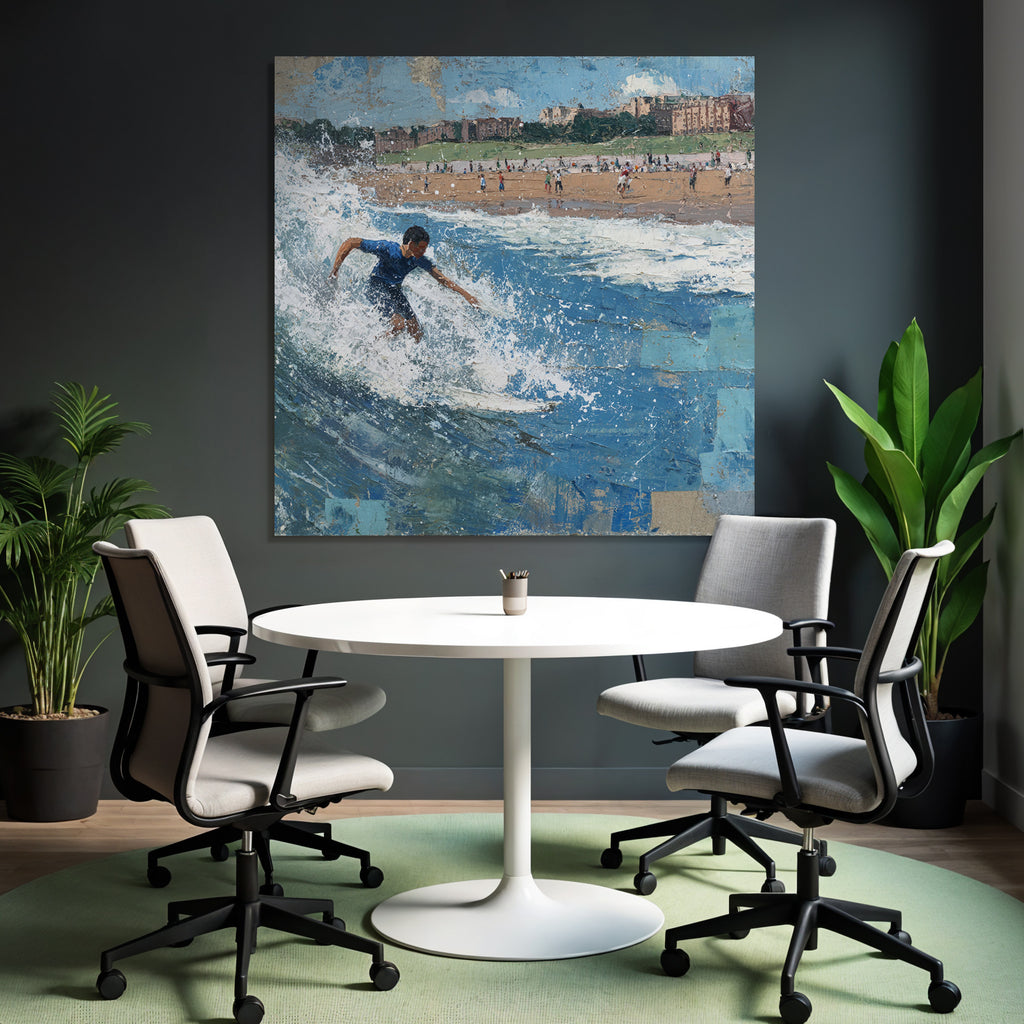 Junger Surfer Auf Einer Welle Am Strand Mit Besuchern Im Hintergrund